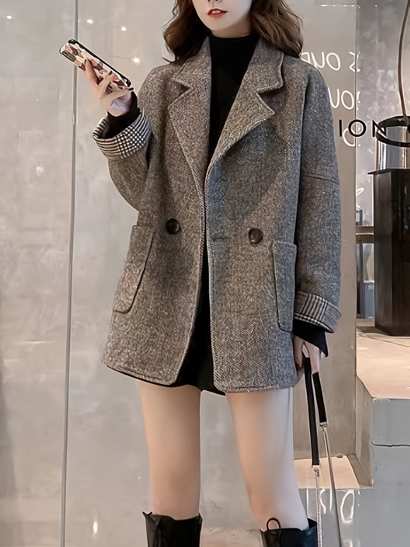 Herringbone Button Front Blazer, Elegant Lapel Long Sleeve Blazer For Office & Work, Women s Clothing details 2