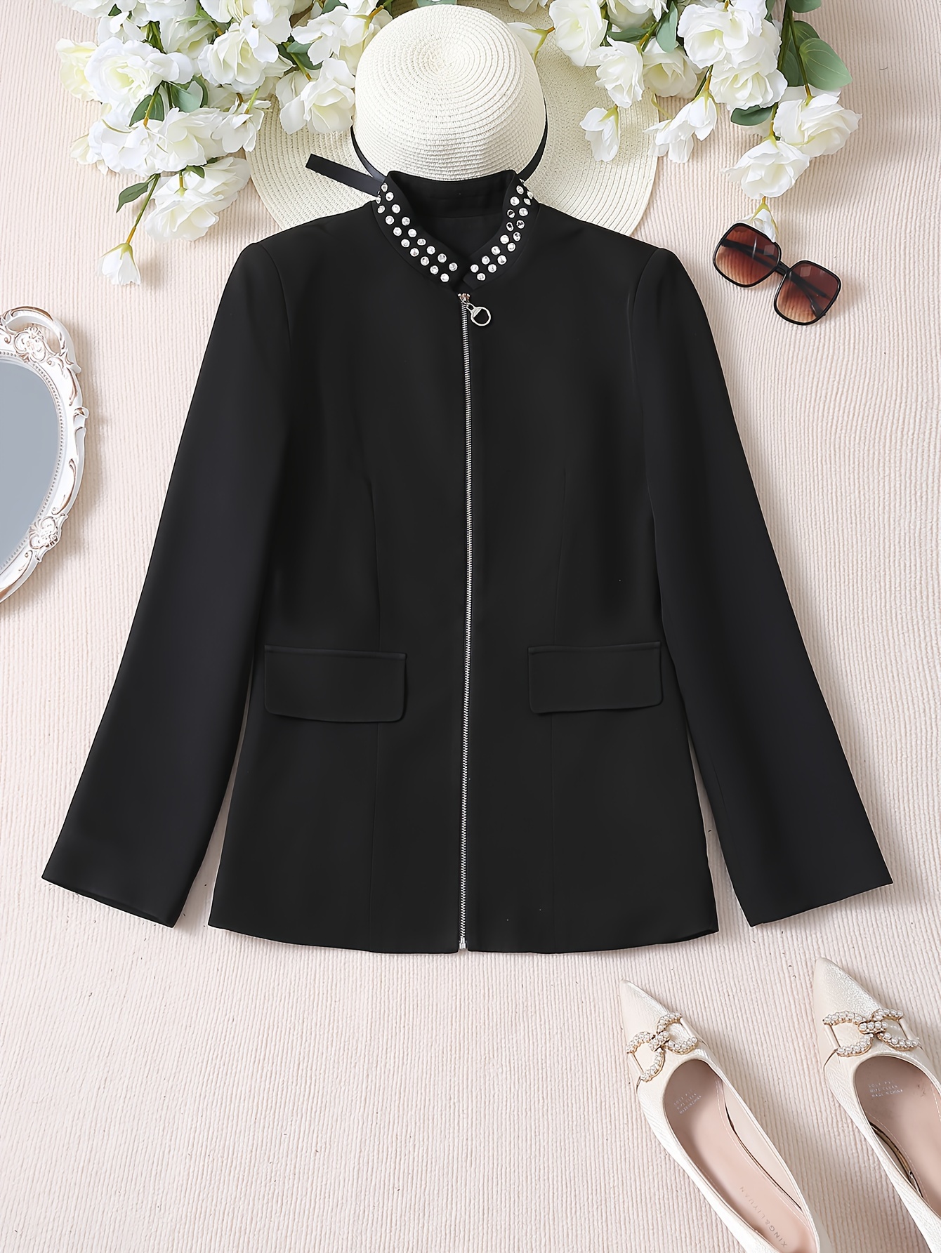 solid color open front blazer elegant stand neck rhinestone zipper front long sleeve blazer for every day womens clothing details 5