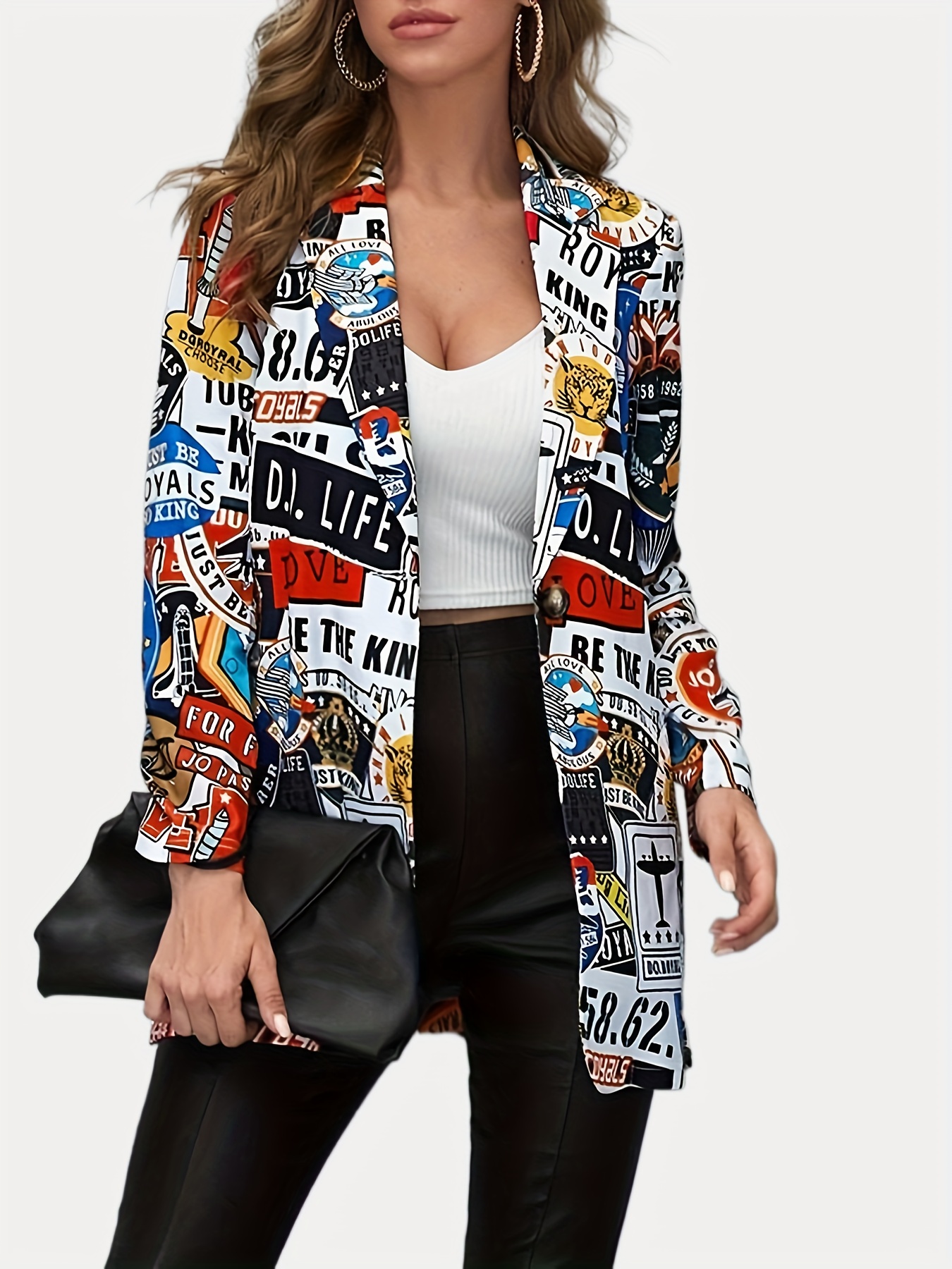 funny graphic print blazer casual lapel long sleeve blazer for spring fall womens clothing details 2
