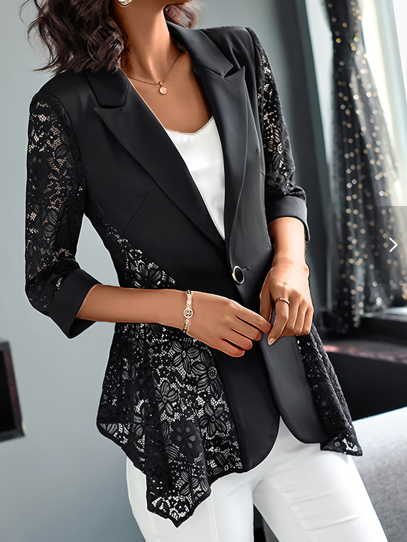 Solid Color Open Front Blazer, Elegant Lapel Neck Contrast Lace Single Button Long Sleeve Blazer For Every Day, Women s Clothing details 5