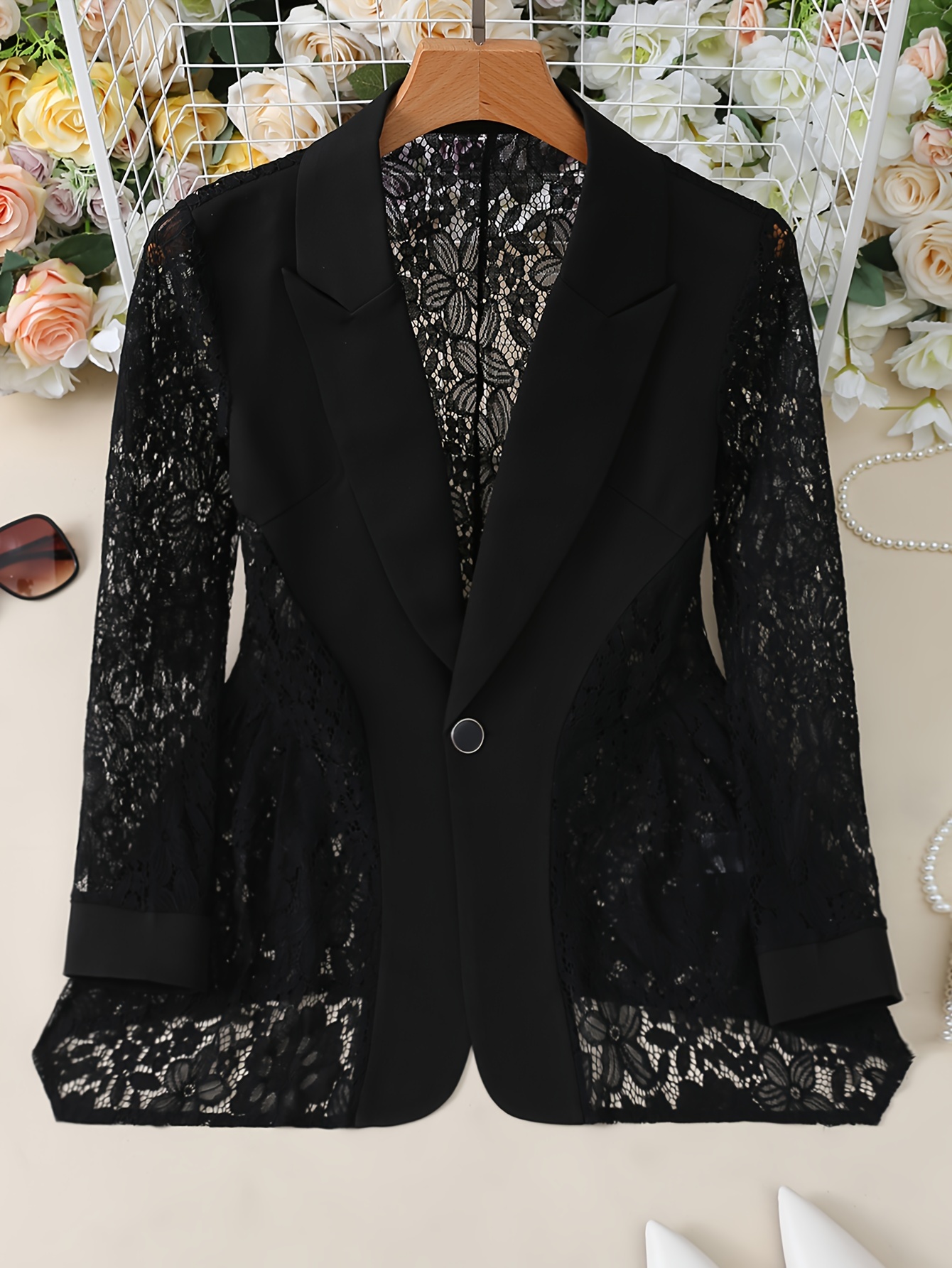 Solid Color Open Front Blazer, Elegant Lapel Neck Contrast Lace Single Button Long Sleeve Blazer For Every Day, Women s Clothing details 6