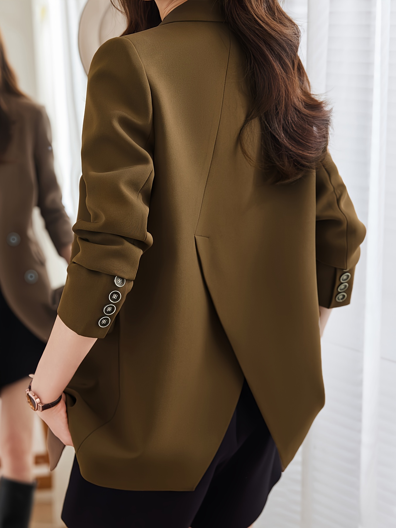 Notched Collar Double-breasted Blazer, Elegant Long Sleeve Blazer For Office & Work, Women s Clothing details 0