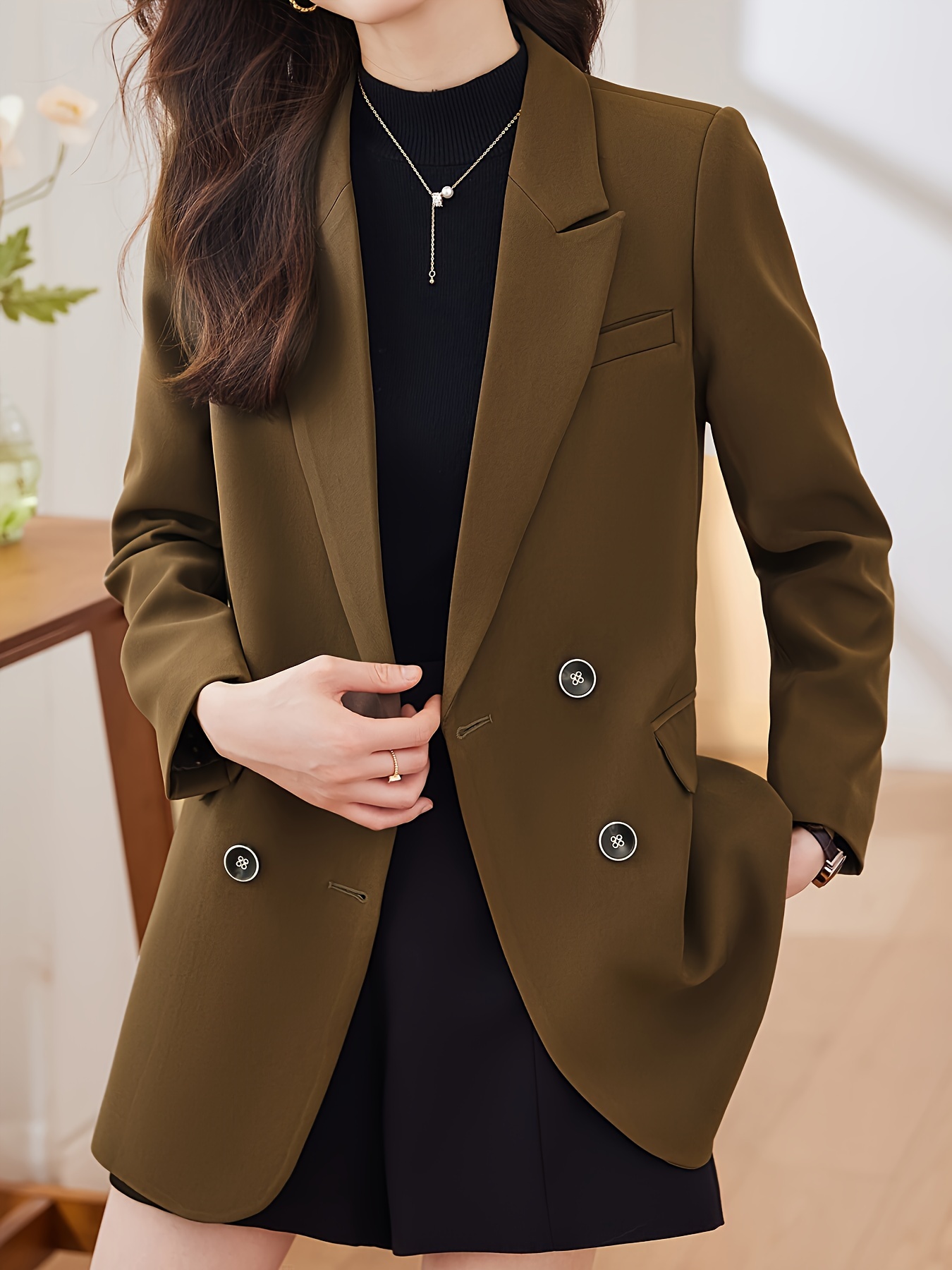 Notched Collar Double-breasted Blazer, Elegant Long Sleeve Blazer For Office & Work, Women s Clothing details 1
