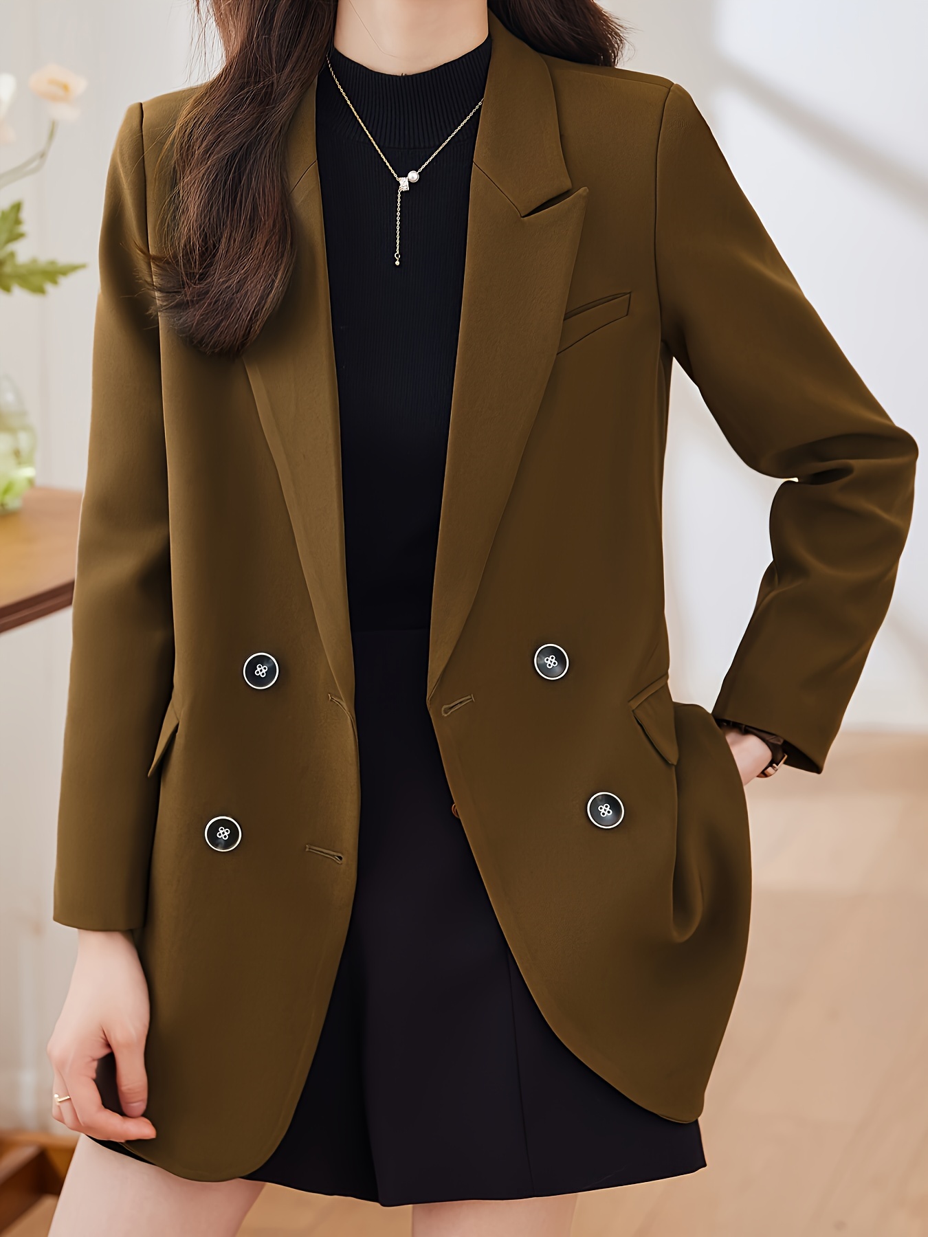Notched Collar Double-breasted Blazer, Elegant Long Sleeve Blazer For Office & Work, Women s Clothing details 2