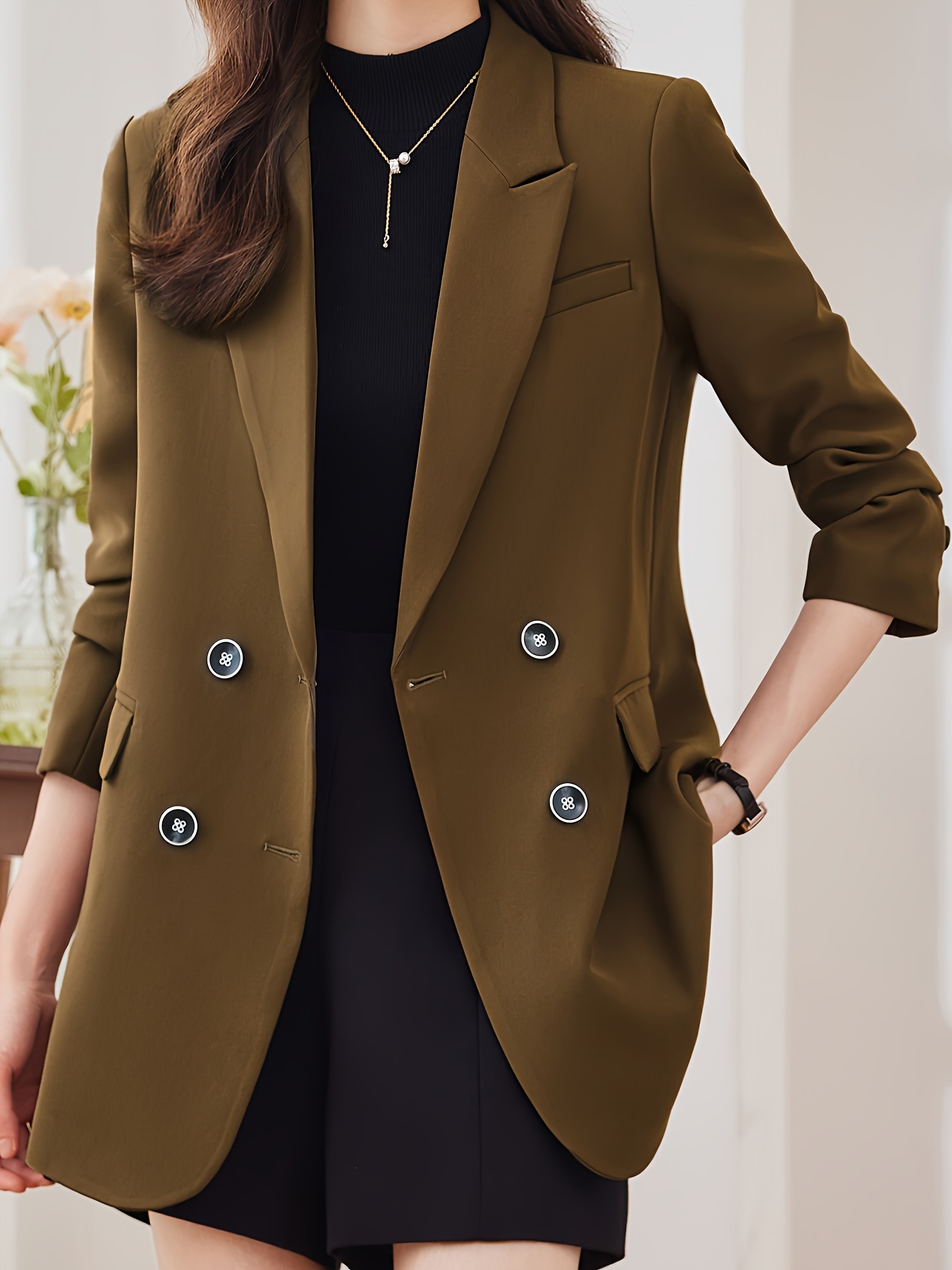 Notched Collar Double-breasted Blazer, Elegant Long Sleeve Blazer For Office & Work, Women s Clothing details 3