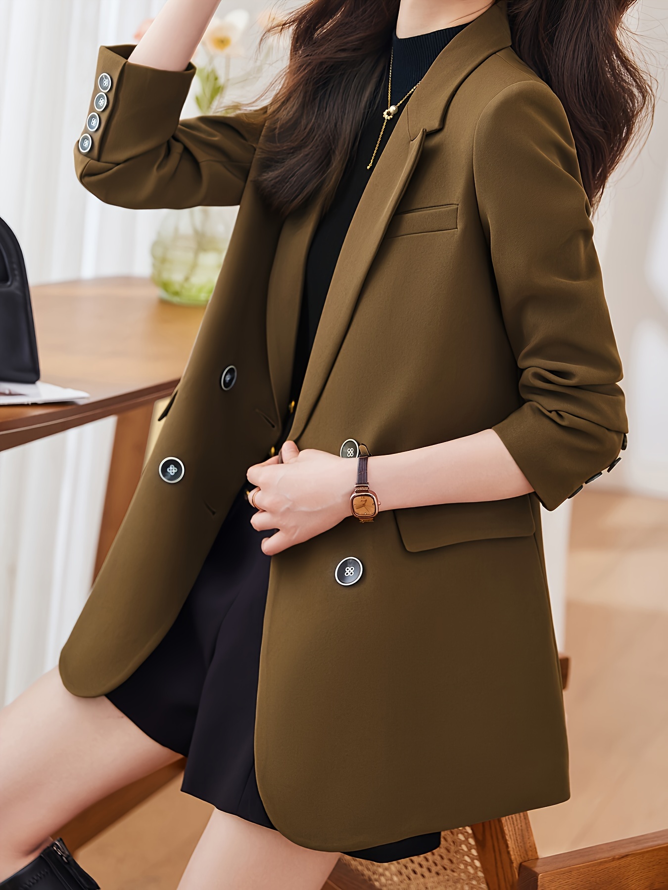 Notched Collar Double-breasted Blazer, Elegant Long Sleeve Blazer For Office & Work, Women s Clothing details 4