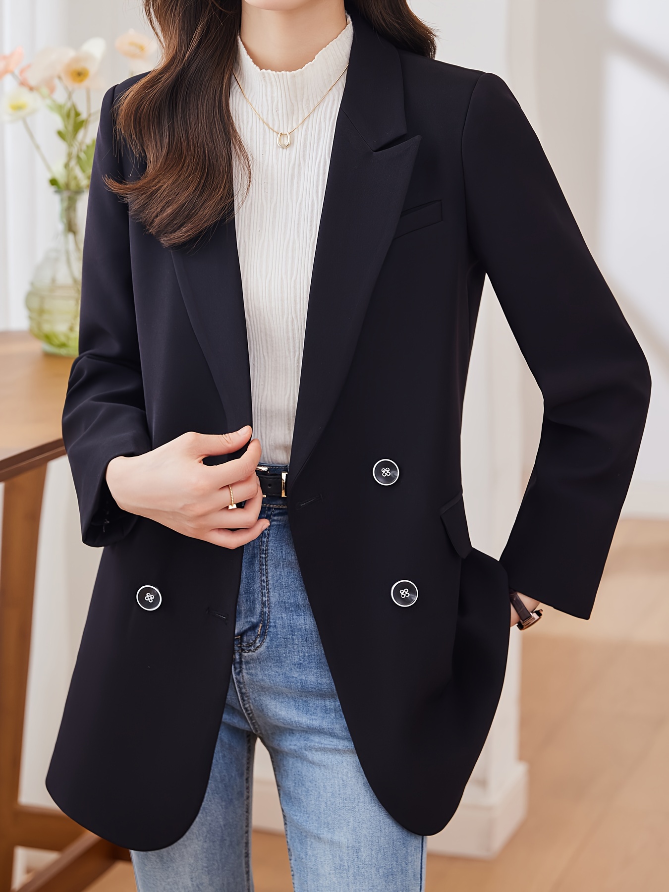 Notched Collar Double-breasted Blazer, Elegant Long Sleeve Blazer For Office & Work, Women s Clothing details 6