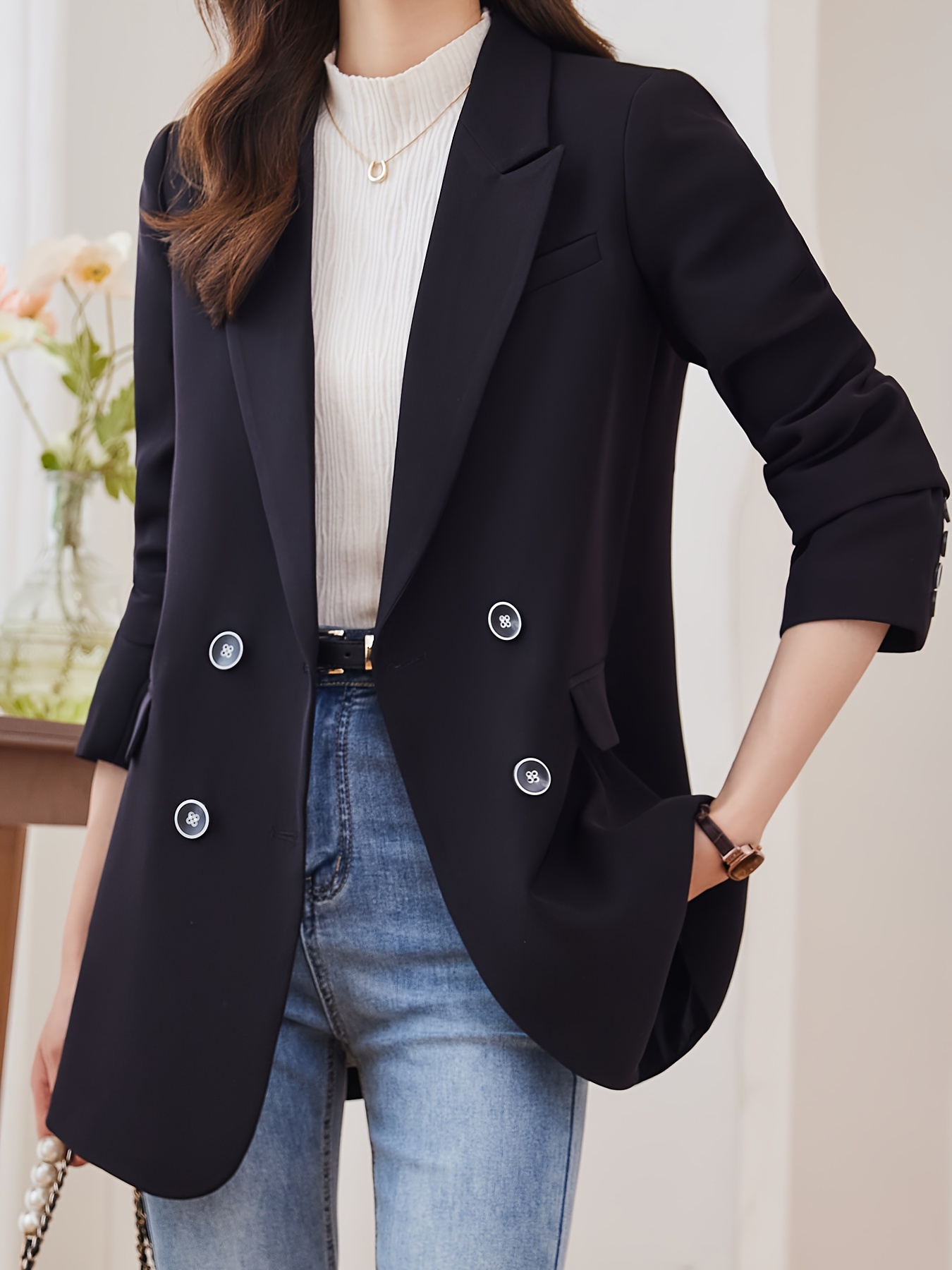 Notched Collar Double-breasted Blazer, Elegant Long Sleeve Blazer For Office & Work, Women s Clothing details 7