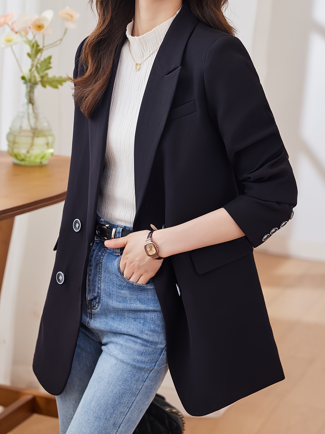 Notched Collar Double-breasted Blazer, Elegant Long Sleeve Blazer For Office & Work, Women s Clothing details 8