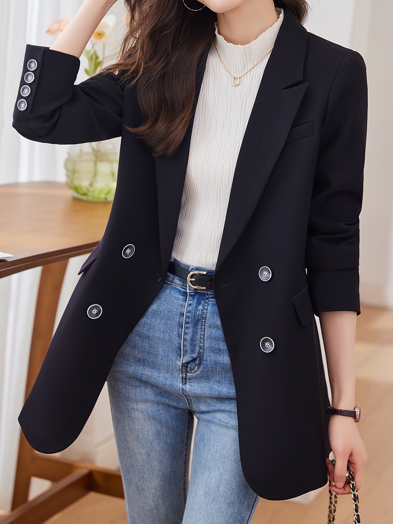 Notched Collar Double-breasted Blazer, Elegant Long Sleeve Blazer For Office & Work, Women s Clothing details 9
