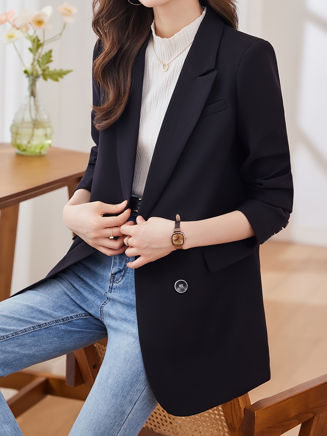 Notched Collar Double-breasted Blazer, Elegant Long Sleeve Blazer For Office & Work, Women s Clothing details 10