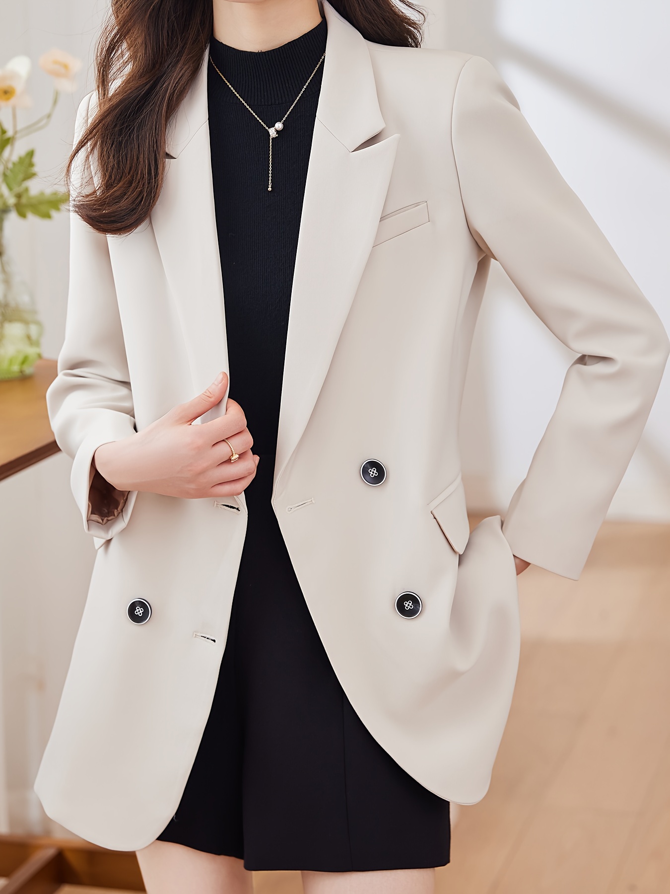 Notched Collar Double-breasted Blazer, Elegant Long Sleeve Blazer For Office & Work, Women s Clothing details 12