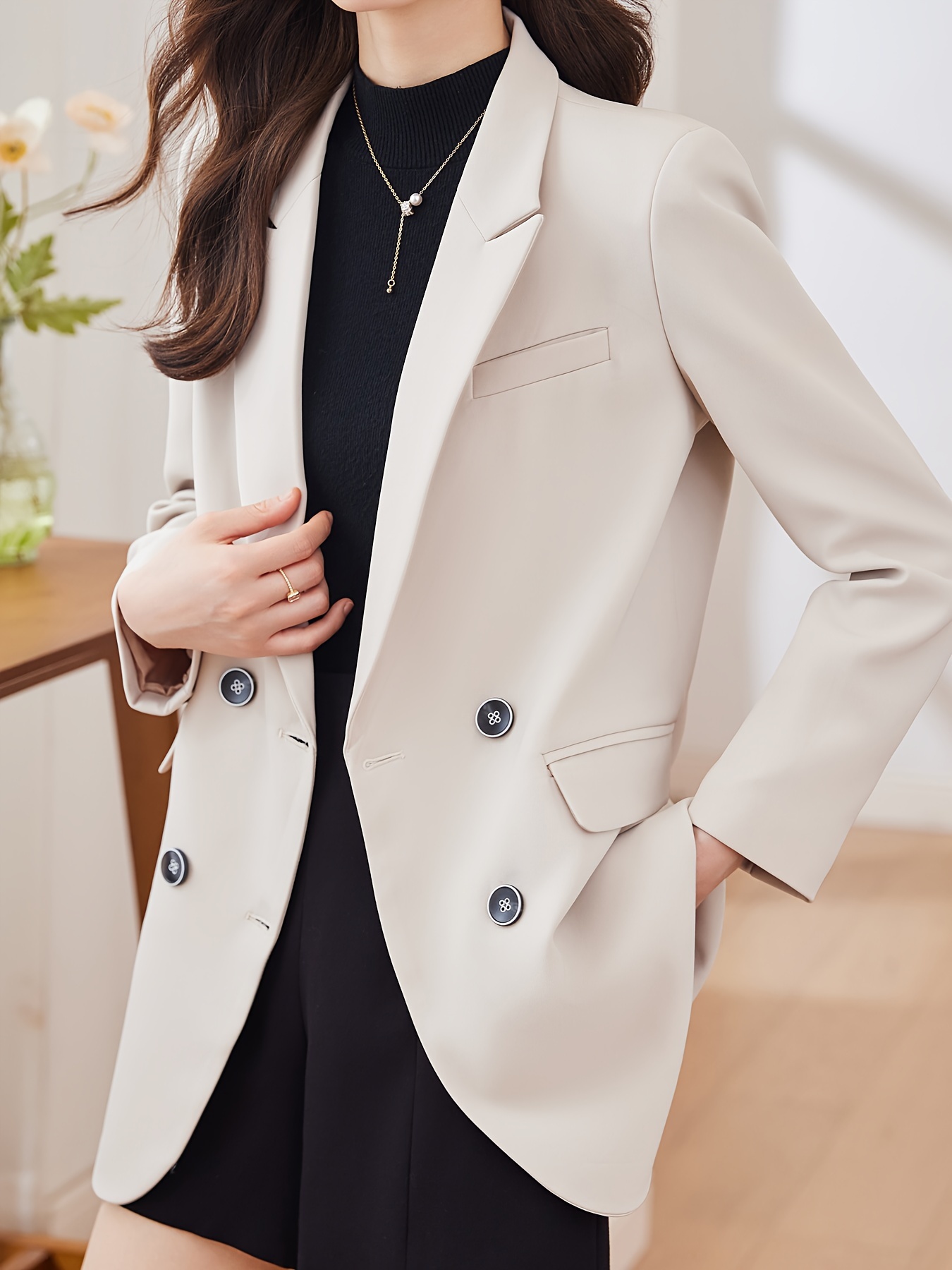 Notched Collar Double-breasted Blazer, Elegant Long Sleeve Blazer For Office & Work, Women s Clothing details 13