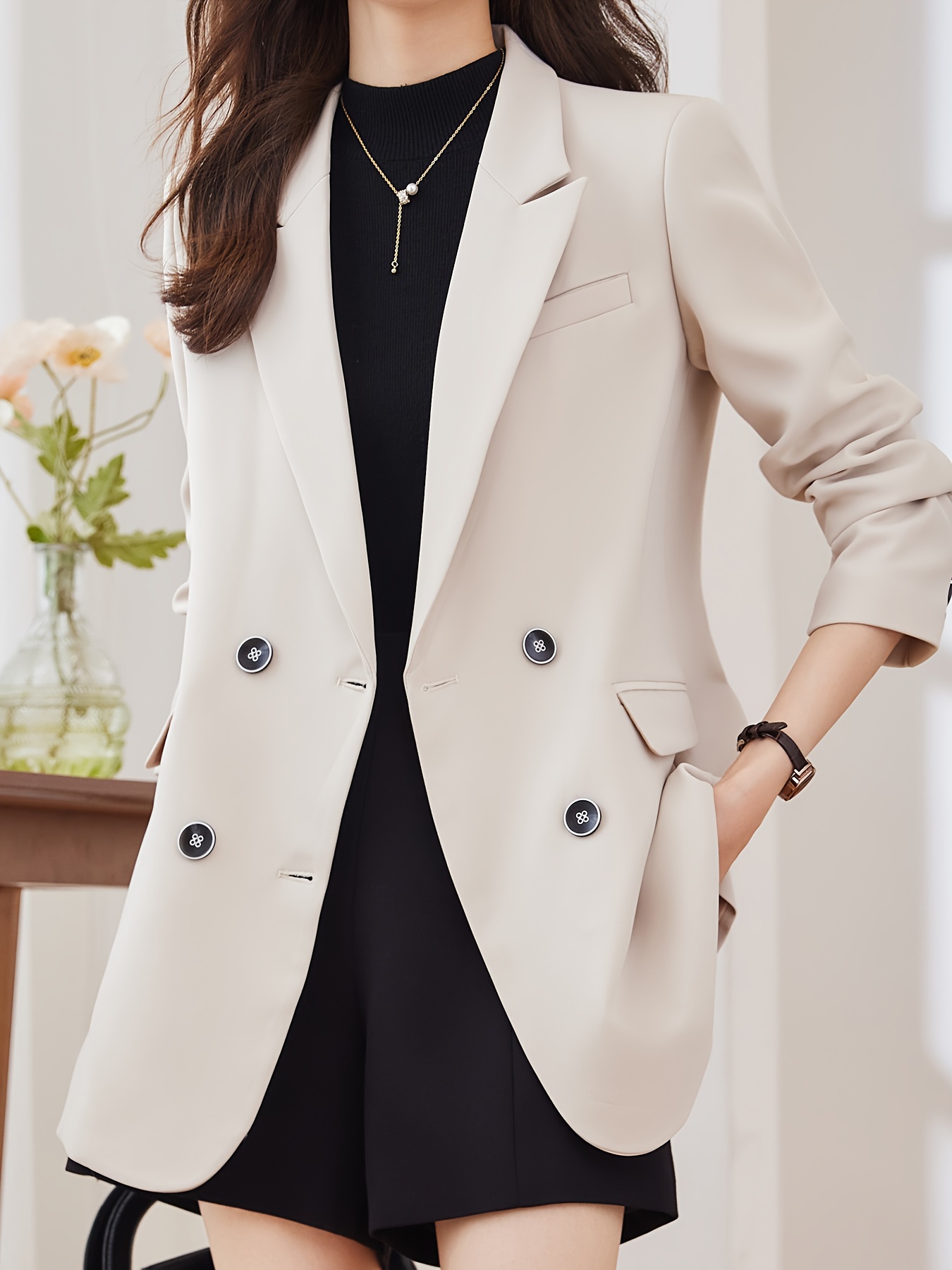 Notched Collar Double-breasted Blazer, Elegant Long Sleeve Blazer For Office & Work, Women s Clothing details 14
