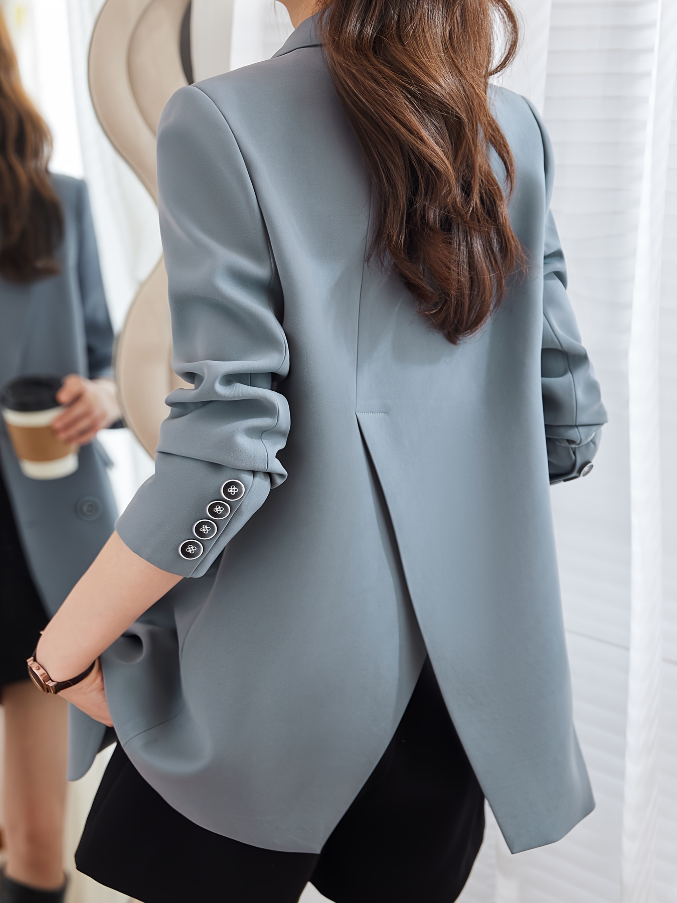 Notched Collar Double-breasted Blazer, Elegant Long Sleeve Blazer For Office & Work, Women s Clothing details 17