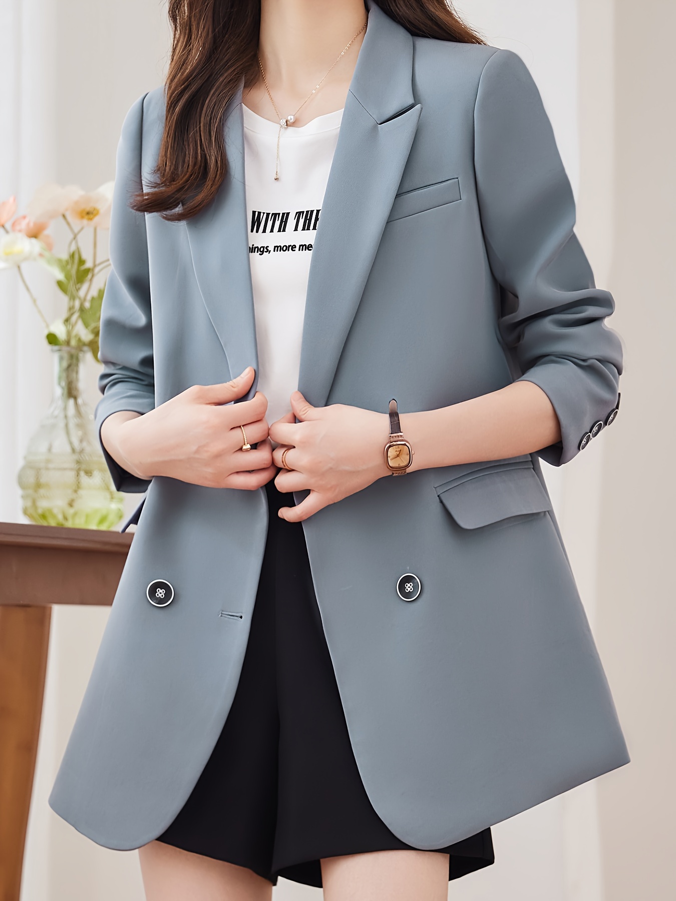 Notched Collar Double-breasted Blazer, Elegant Long Sleeve Blazer For Office & Work, Women s Clothing details 18