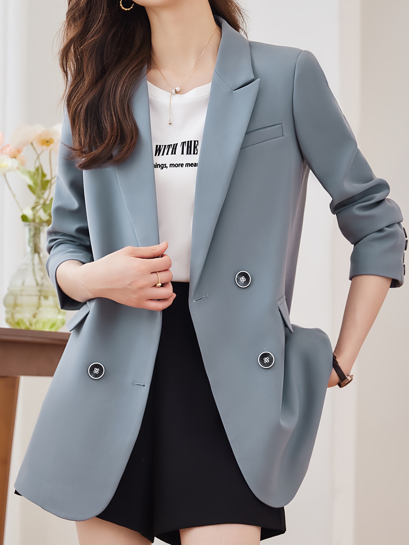 Notched Collar Double-breasted Blazer, Elegant Long Sleeve Blazer For Office & Work, Women s Clothing details 19
