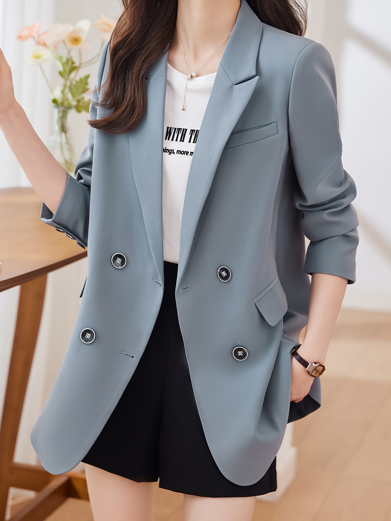 Notched Collar Double-breasted Blazer, Elegant Long Sleeve Blazer For Office & Work, Women s Clothing details 20