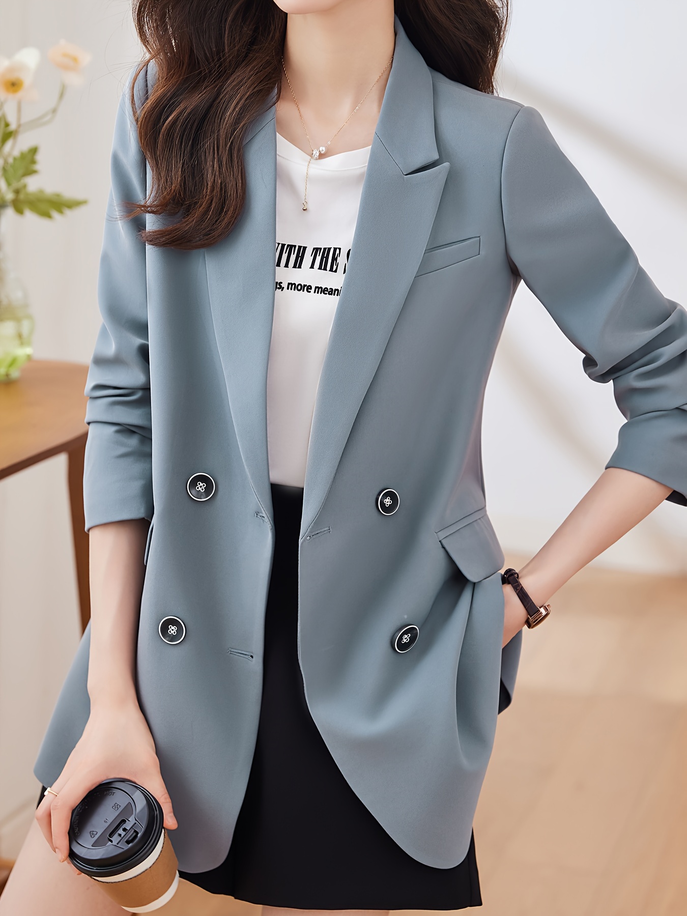 Notched Collar Double-breasted Blazer, Elegant Long Sleeve Blazer For Office & Work, Women s Clothing details 21