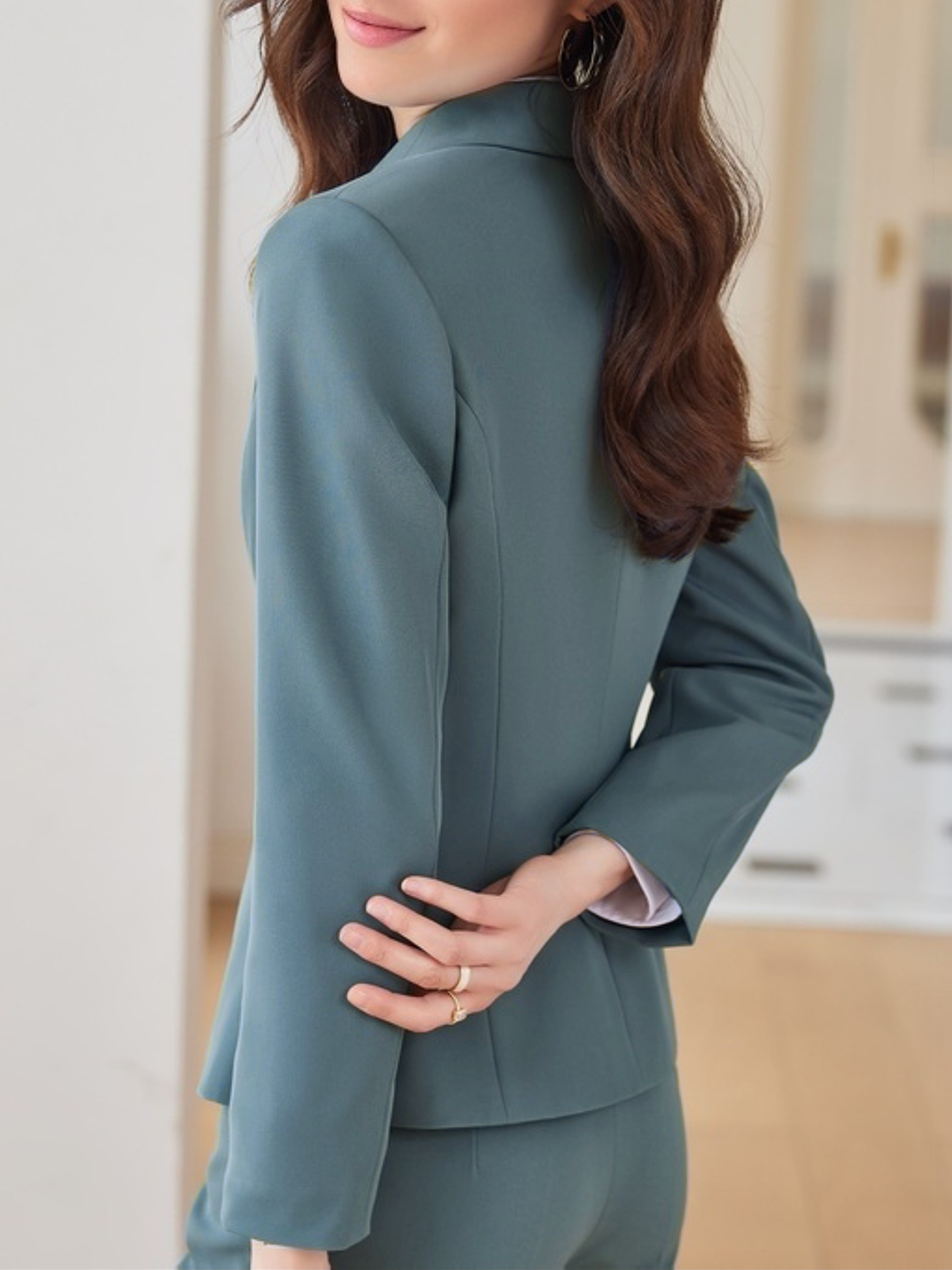 front blazer, lapel button front blazer elegant solid long sleeve work office outerwear womens clothing details 0