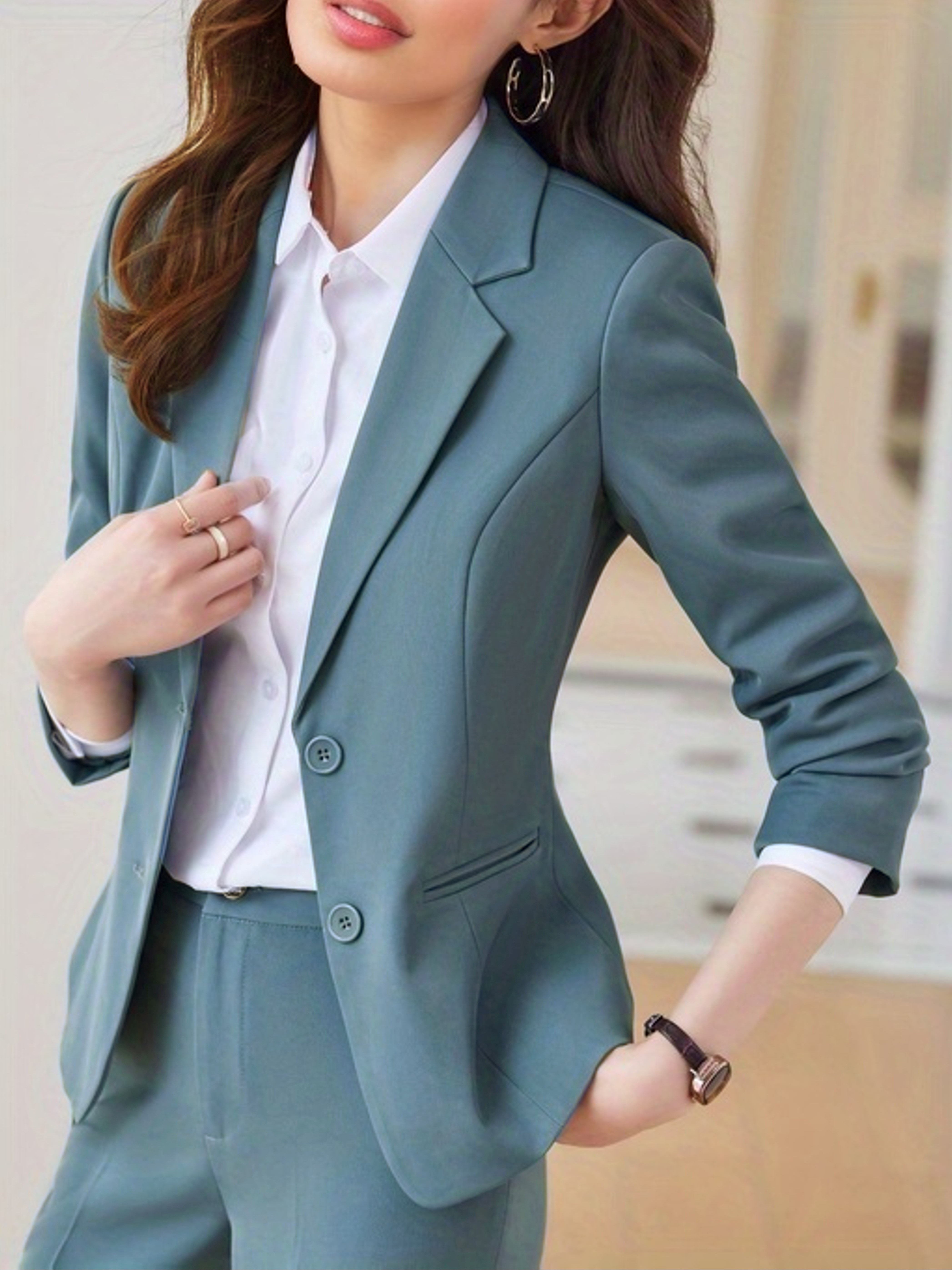 front blazer, lapel button front blazer elegant solid long sleeve work office outerwear womens clothing details 1