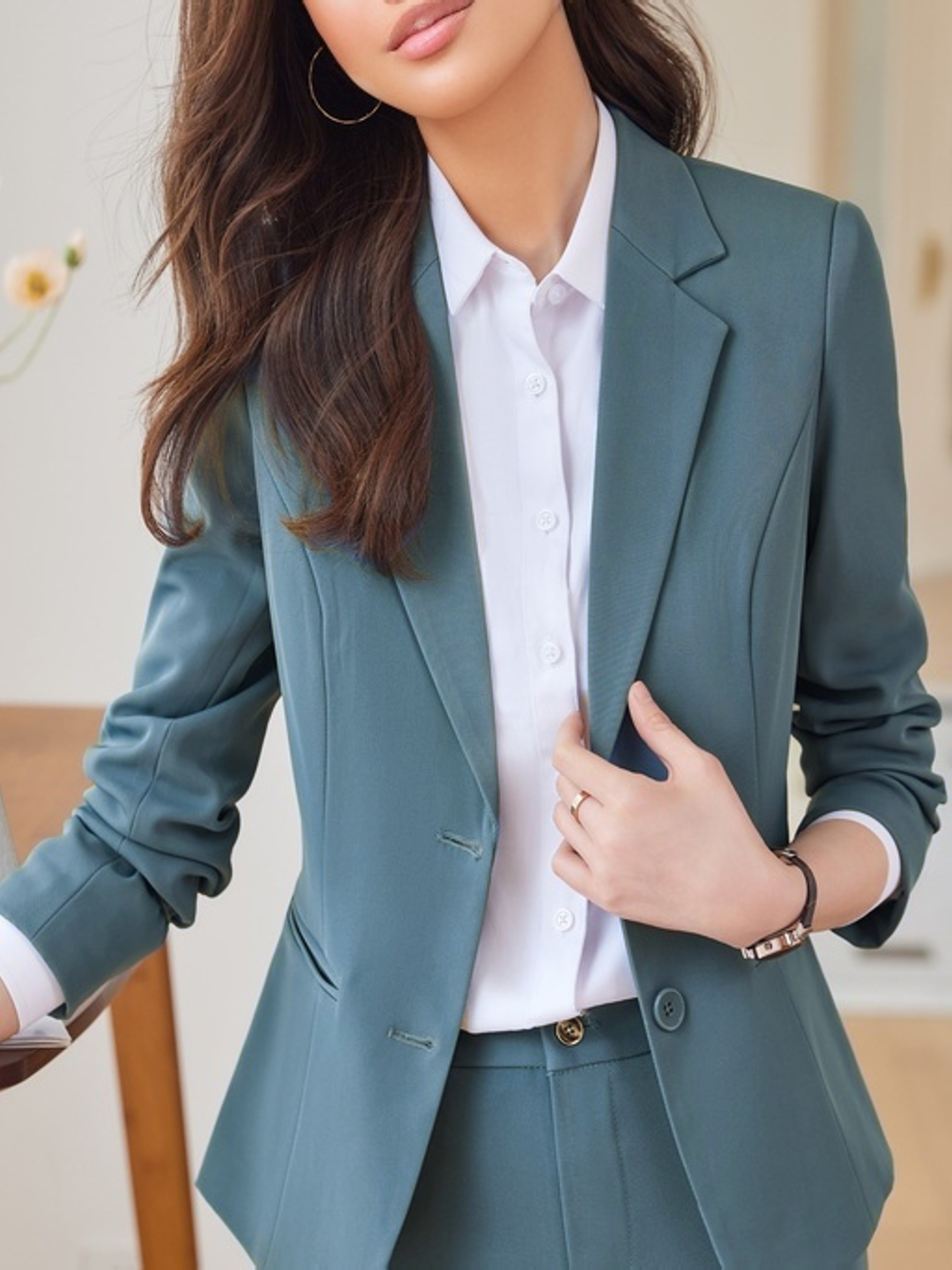 front blazer, lapel button front blazer elegant solid long sleeve work office outerwear womens clothing details 2
