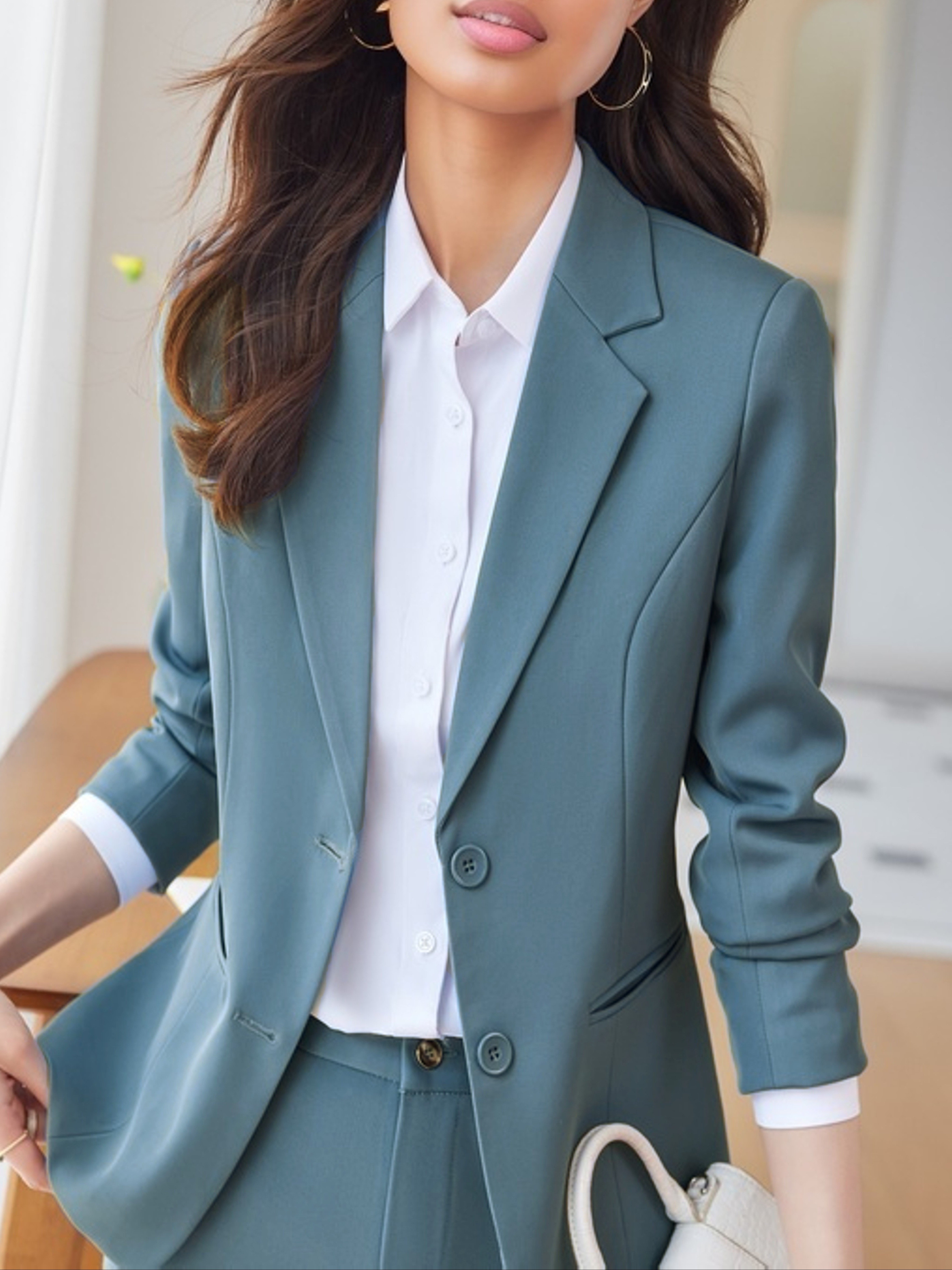 front blazer, lapel button front blazer elegant solid long sleeve work office outerwear womens clothing details 3