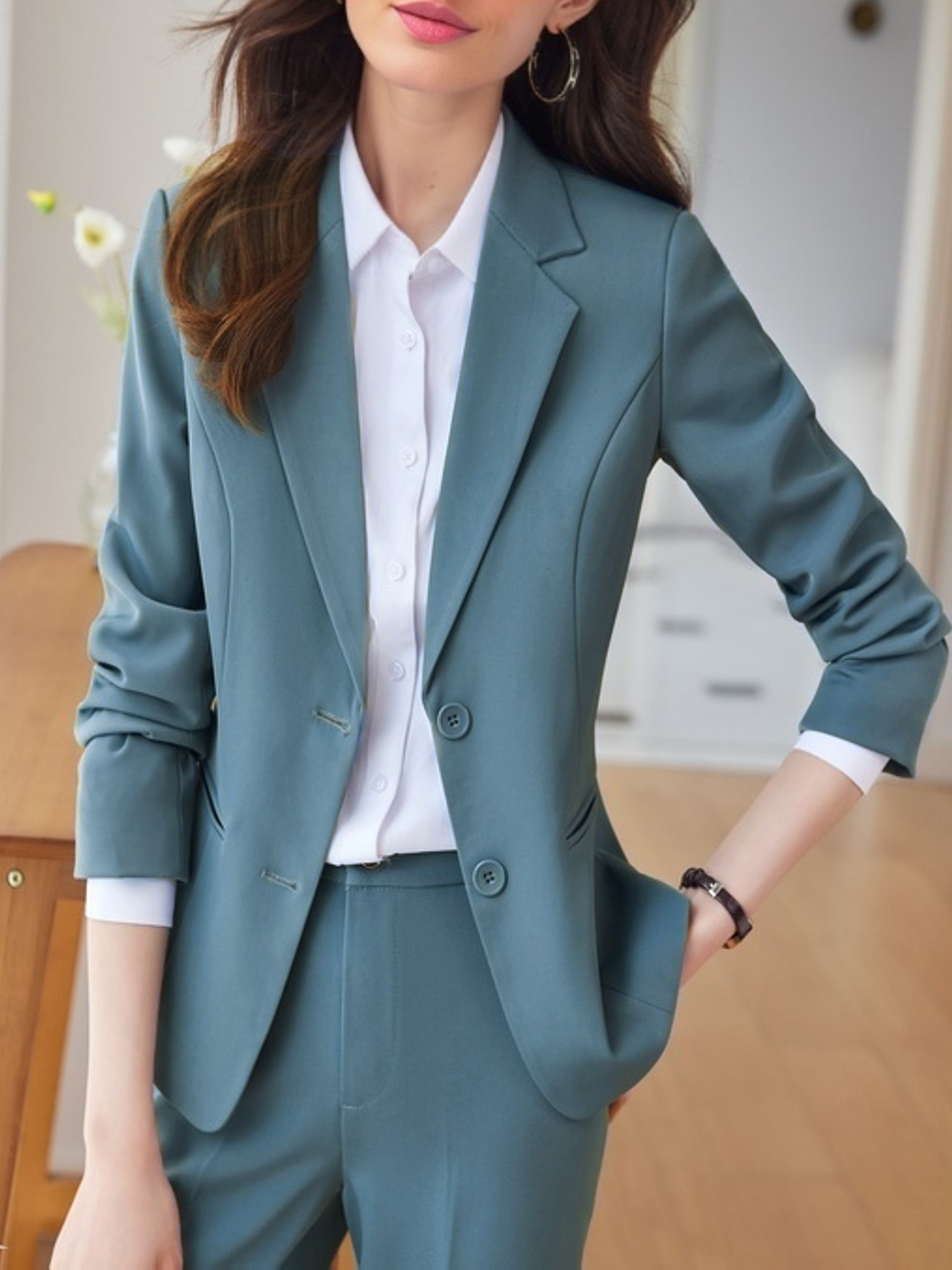 front blazer, lapel button front blazer elegant solid long sleeve work office outerwear womens clothing details 4