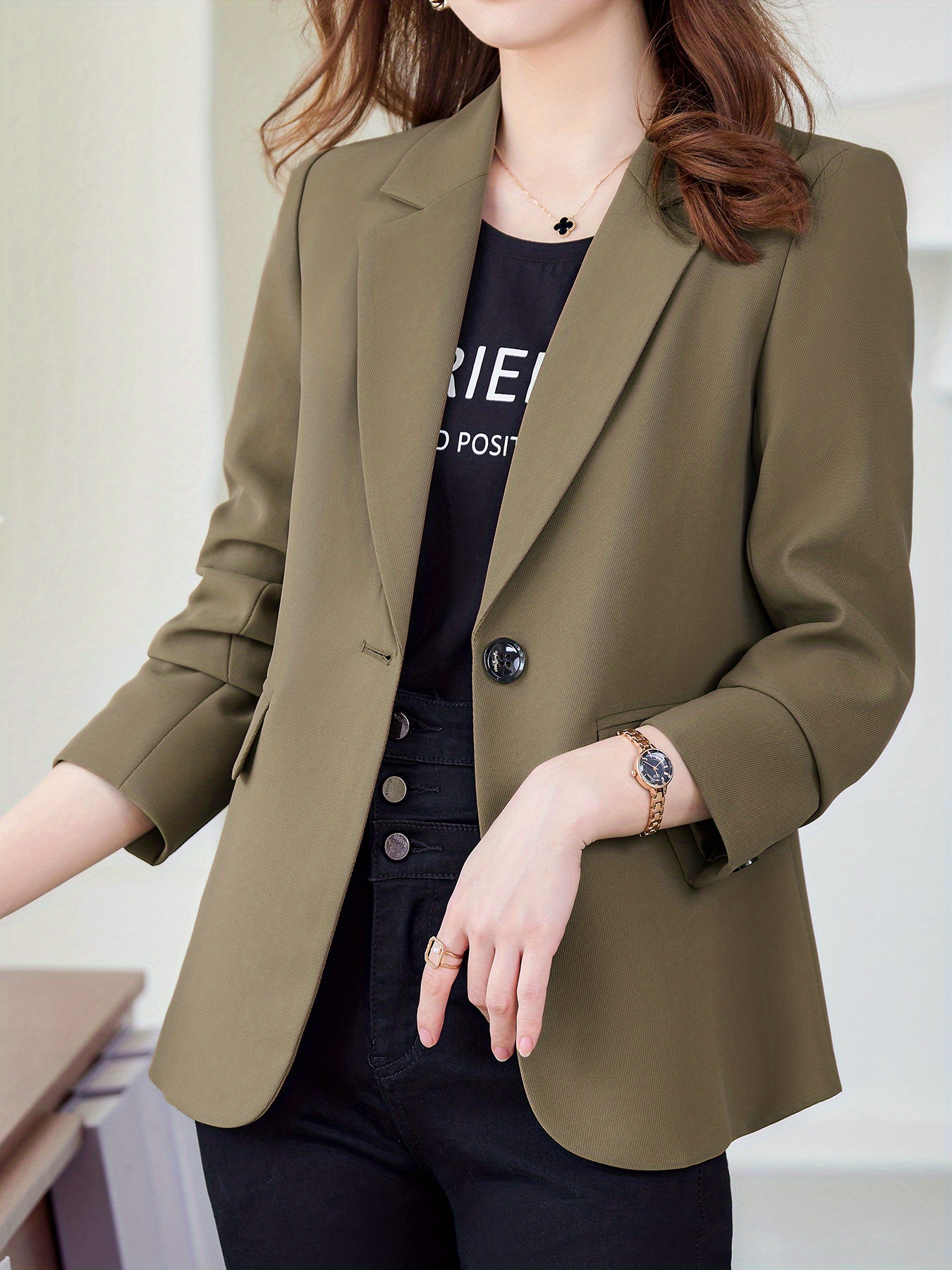 solid button front blazer casual long sleeve lapel blazer for office womens clothing details 0