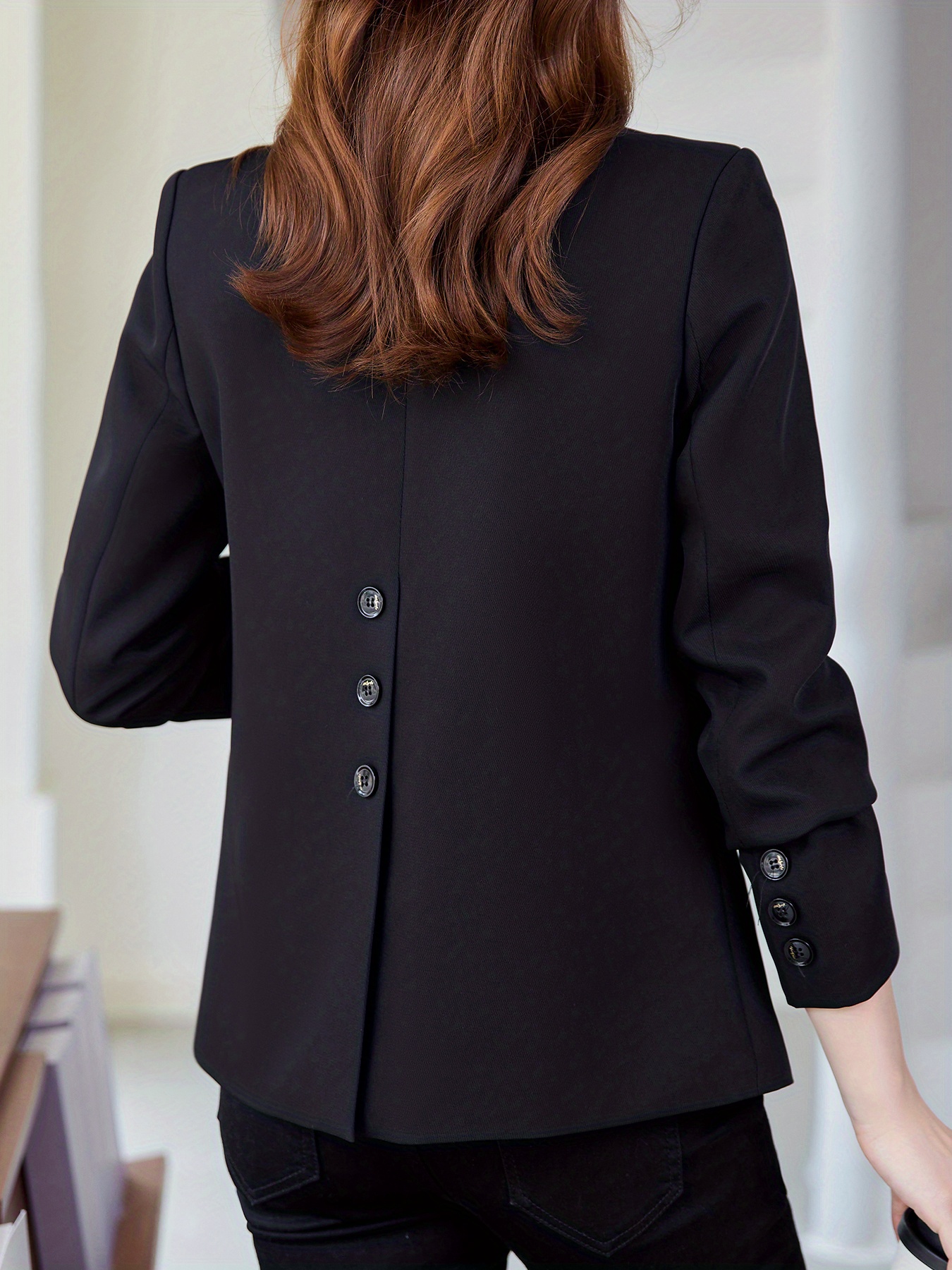 solid button front blazer casual long sleeve lapel blazer for office womens clothing details 4