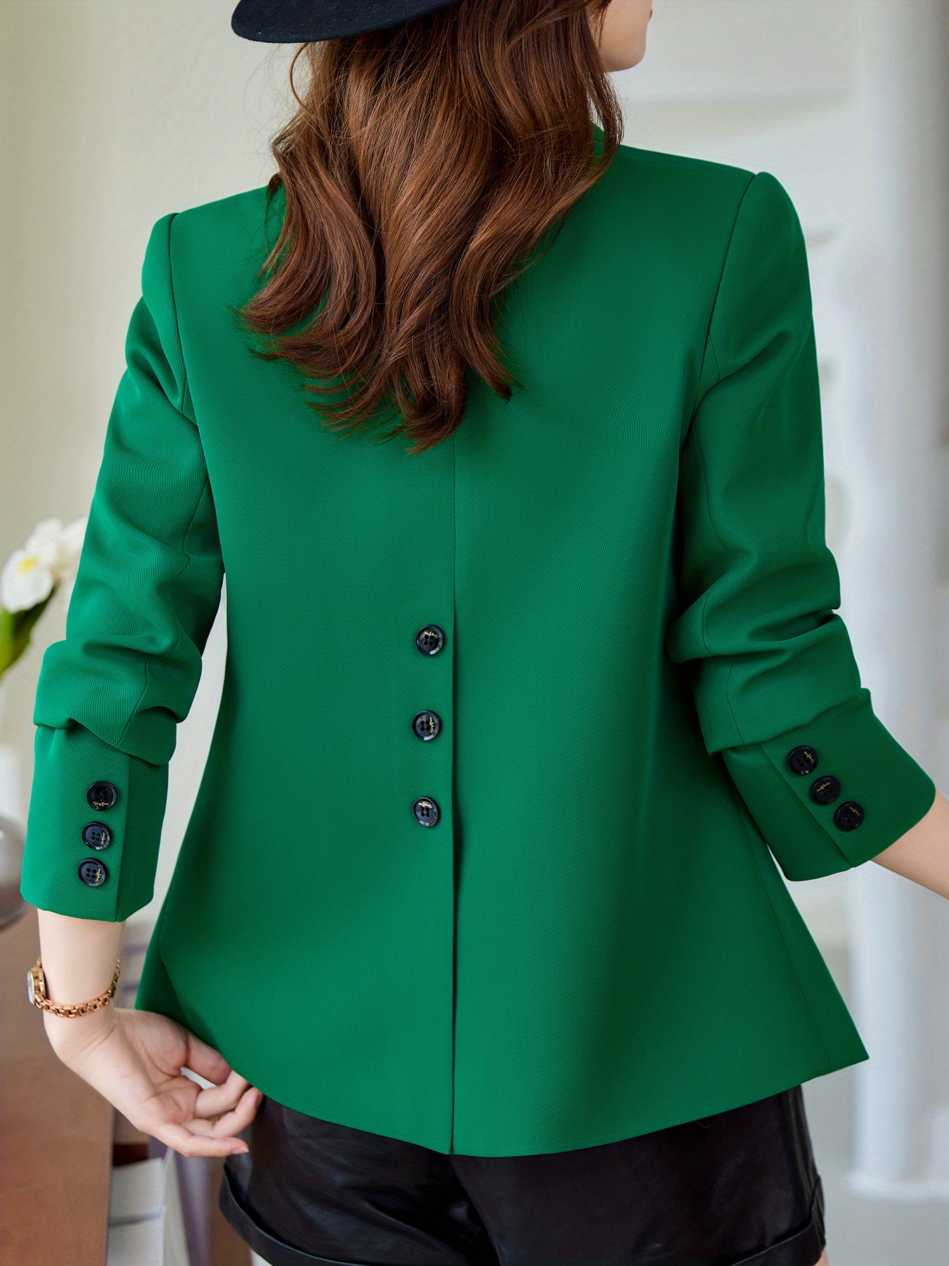 solid button front blazer casual long sleeve lapel blazer for office womens clothing details 6