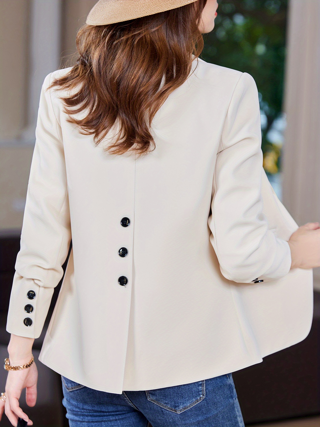 solid button front blazer casual long sleeve lapel blazer for office womens clothing details 8