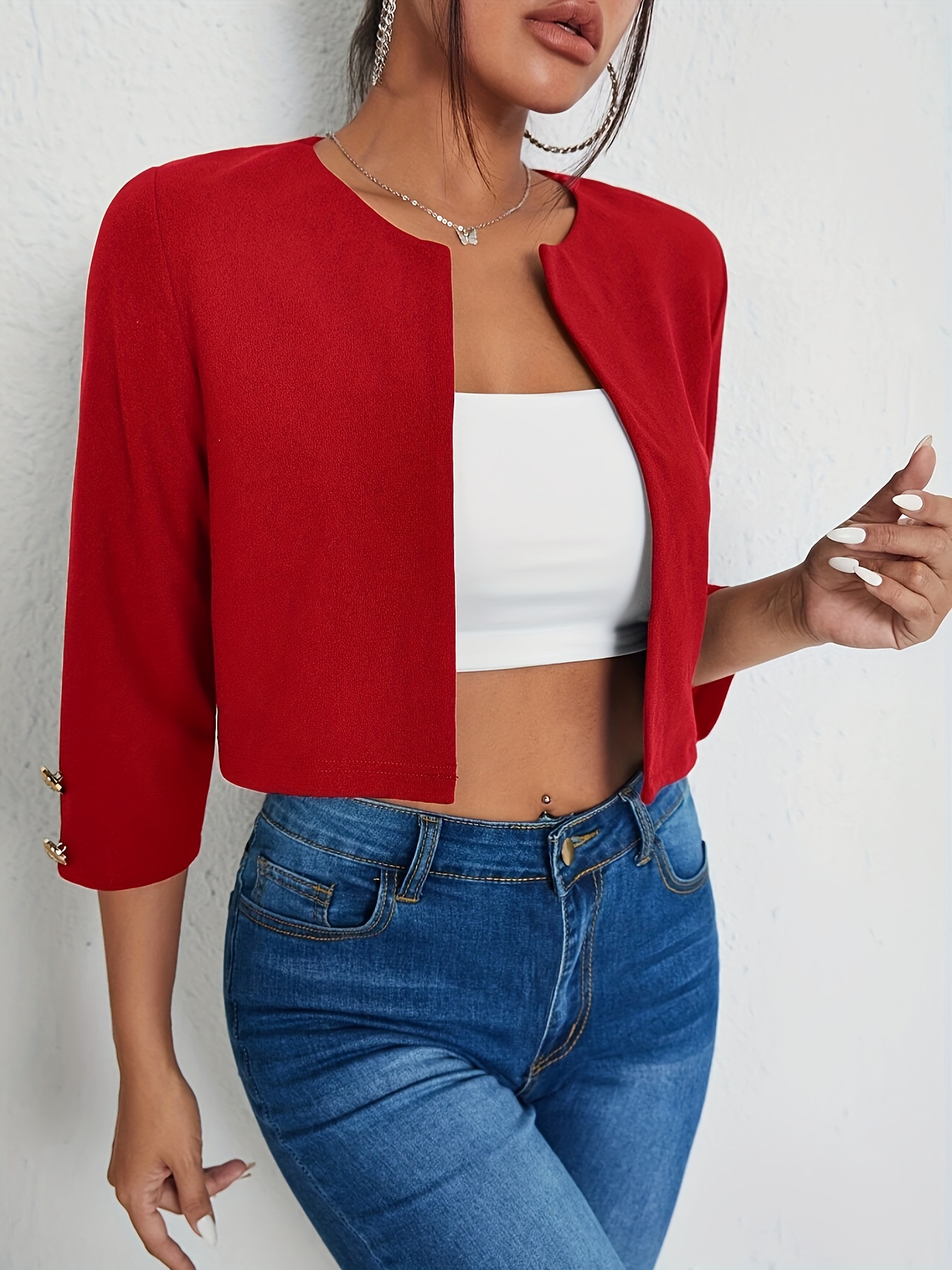 solid color open front blazer elegant three quarter sleeve button decor blazer for office work womens clothing details 5
