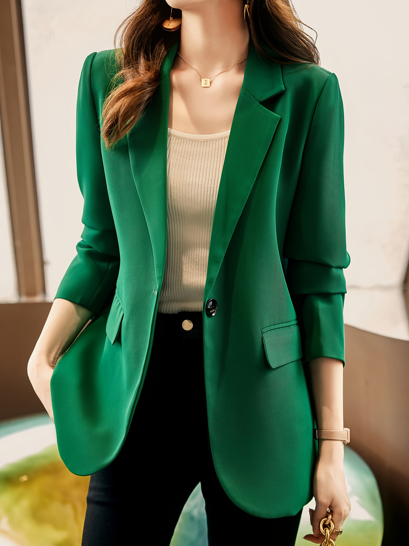 Notched Collar Button Front Blazer, Elegant Long Sleeve Blazer For Office & Work, Women s Clothing details 2