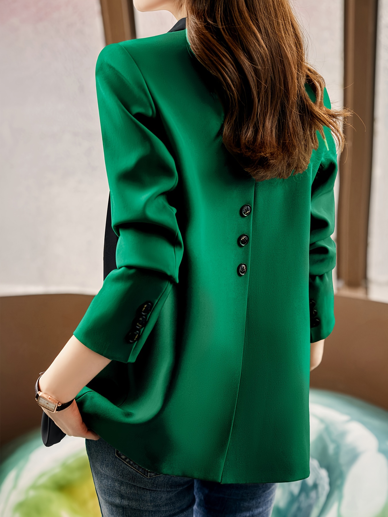 Notched Collar Button Front Blazer, Elegant Long Sleeve Blazer For Office & Work, Women s Clothing details 4