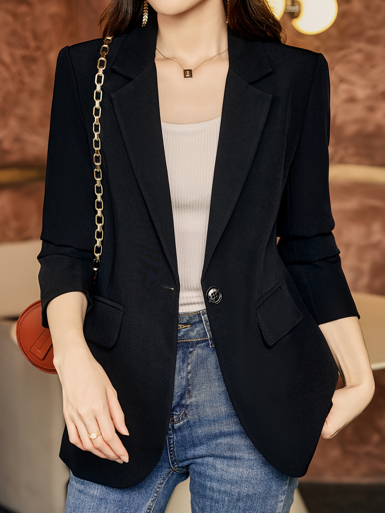 Notched Collar Button Front Blazer, Elegant Long Sleeve Blazer For Office & Work, Women s Clothing details 7