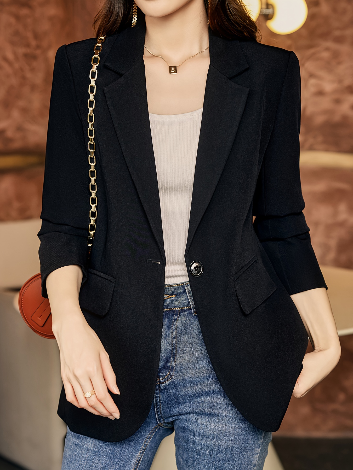 Notched Collar Button Front Blazer, Elegant Long Sleeve Blazer For Office & Work, Women s Clothing details 8