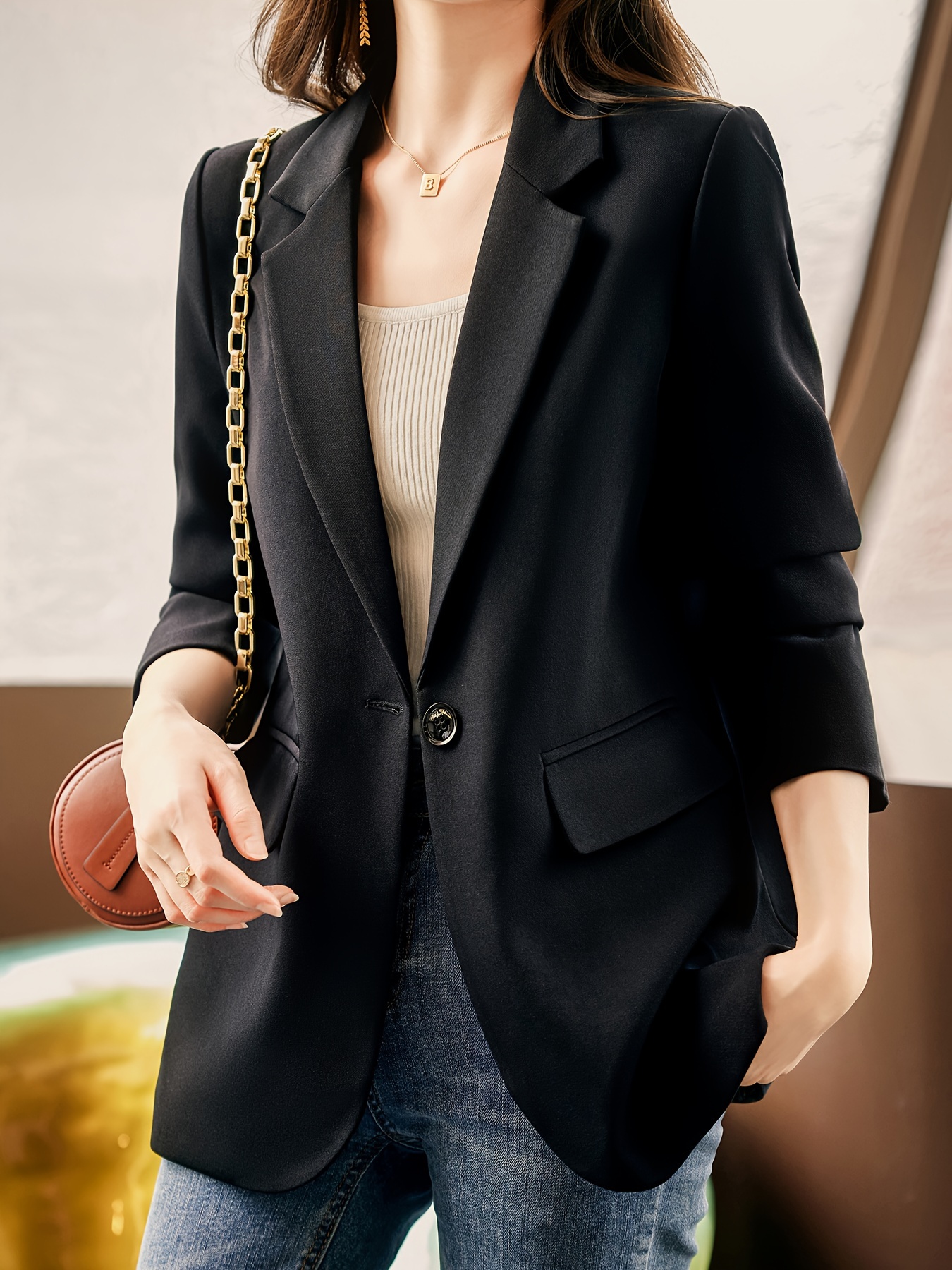 Notched Collar Button Front Blazer, Elegant Long Sleeve Blazer For Office & Work, Women s Clothing details 9
