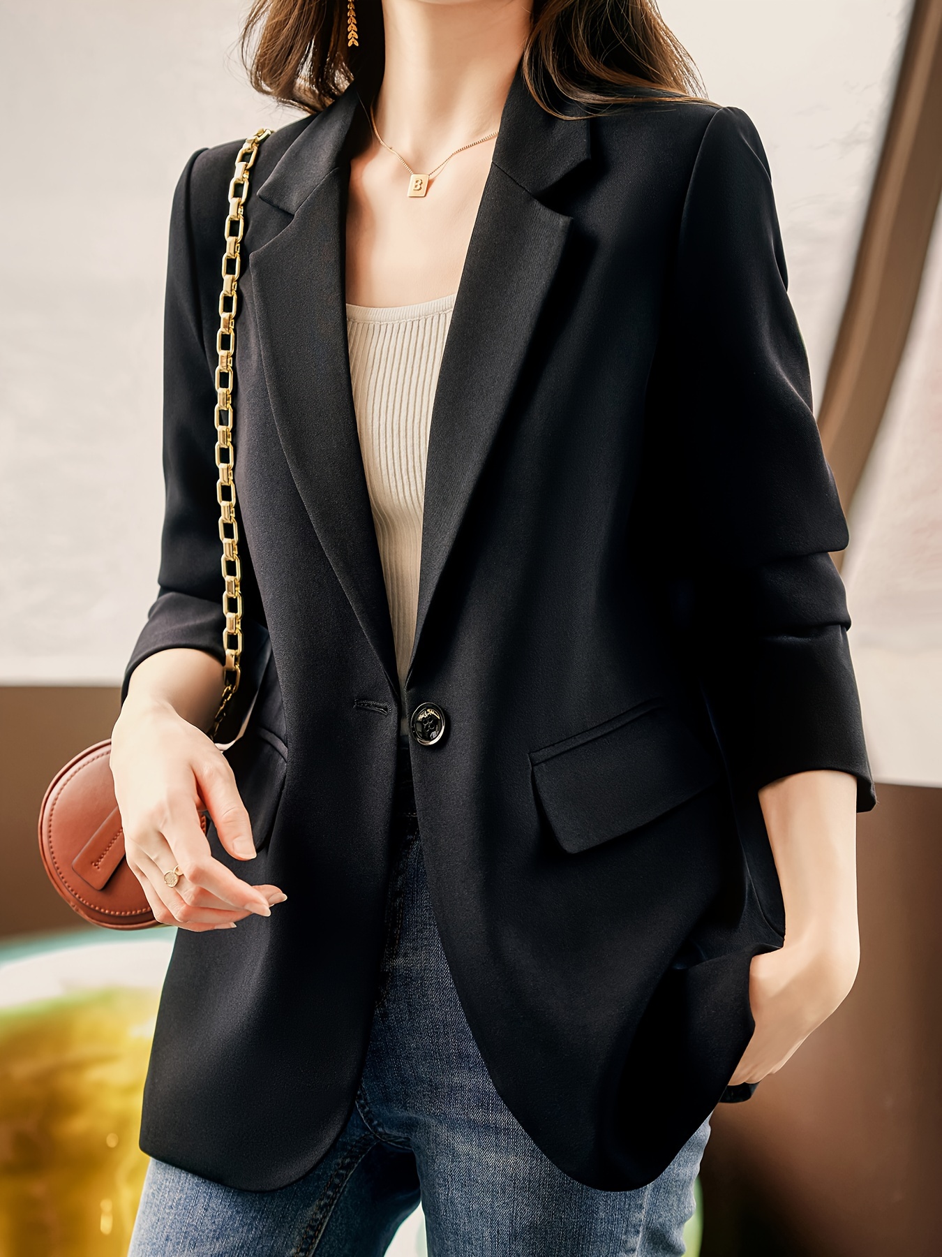 Notched Collar Button Front Blazer, Elegant Long Sleeve Blazer For Office & Work, Women s Clothing details 10