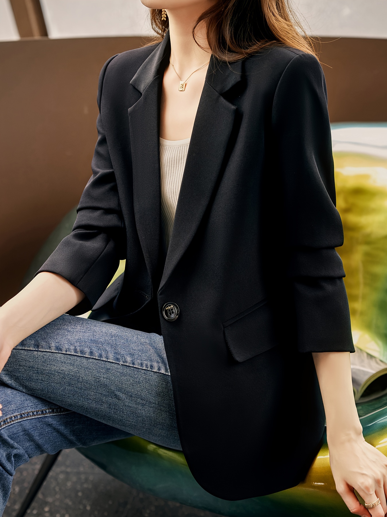 Notched Collar Button Front Blazer, Elegant Long Sleeve Blazer For Office & Work, Women s Clothing details 11