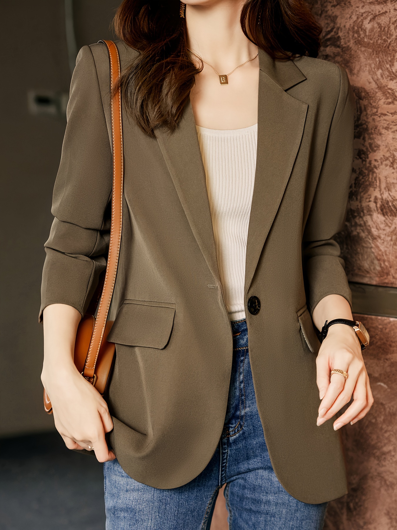 Notched Collar Button Front Blazer, Elegant Long Sleeve Blazer For Office & Work, Women s Clothing details 13