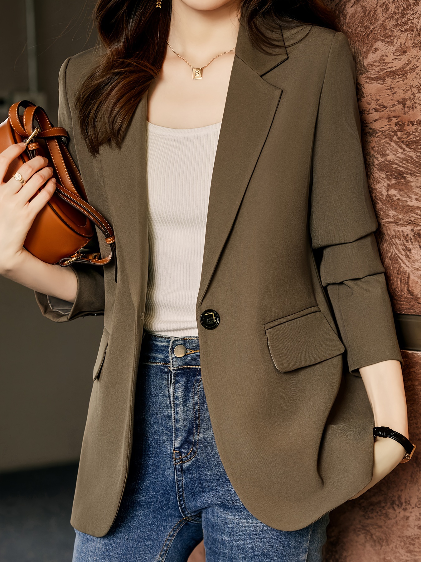 Notched Collar Button Front Blazer, Elegant Long Sleeve Blazer For Office & Work, Women s Clothing details 16