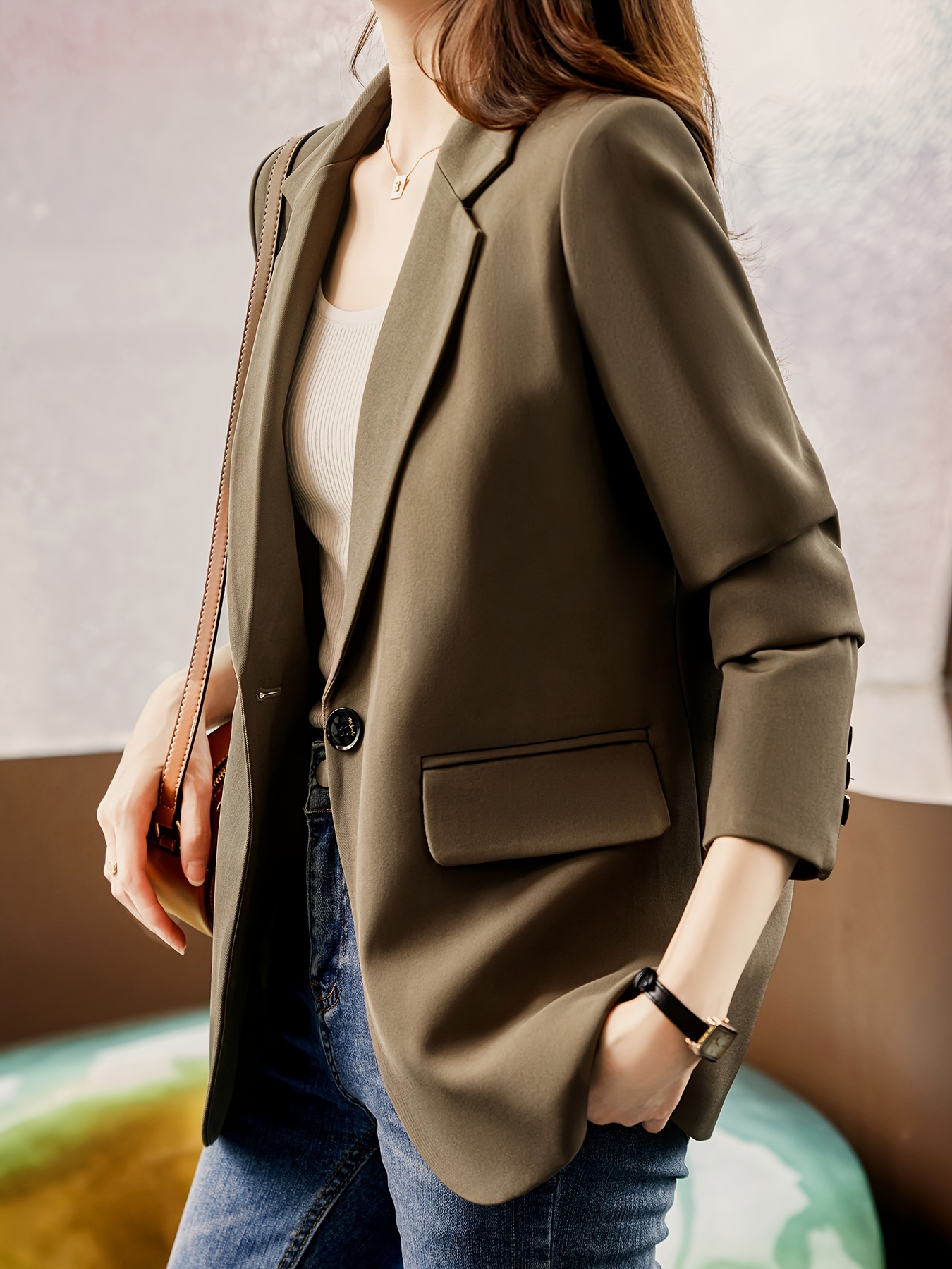 Notched Collar Button Front Blazer, Elegant Long Sleeve Blazer For Office & Work, Women s Clothing details 17