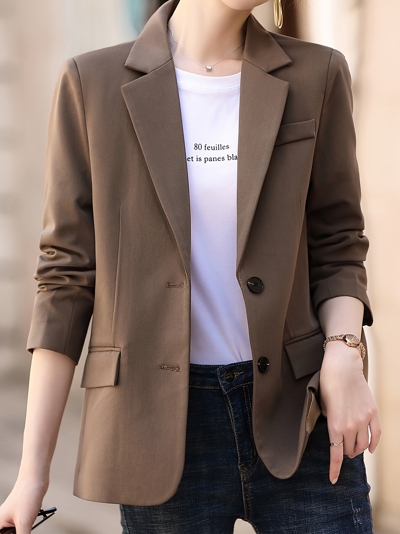 Single Breasted Lapel Neck Blazer, Casual Solid Long Sleeve Blazer For Office & Work, Women s Clothing details 2