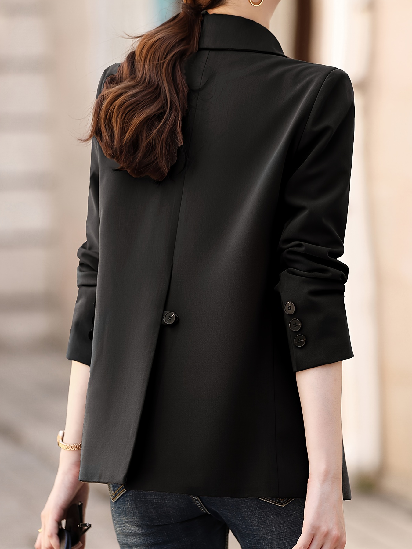 Single Breasted Lapel Neck Blazer, Casual Solid Long Sleeve Blazer For Office & Work, Women s Clothing details 5