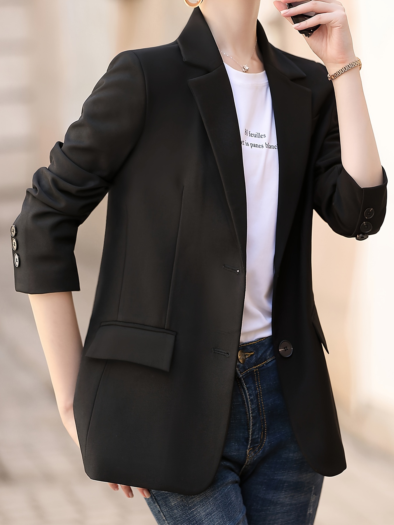 Single Breasted Lapel Neck Blazer, Casual Solid Long Sleeve Blazer For Office & Work, Women s Clothing details 6