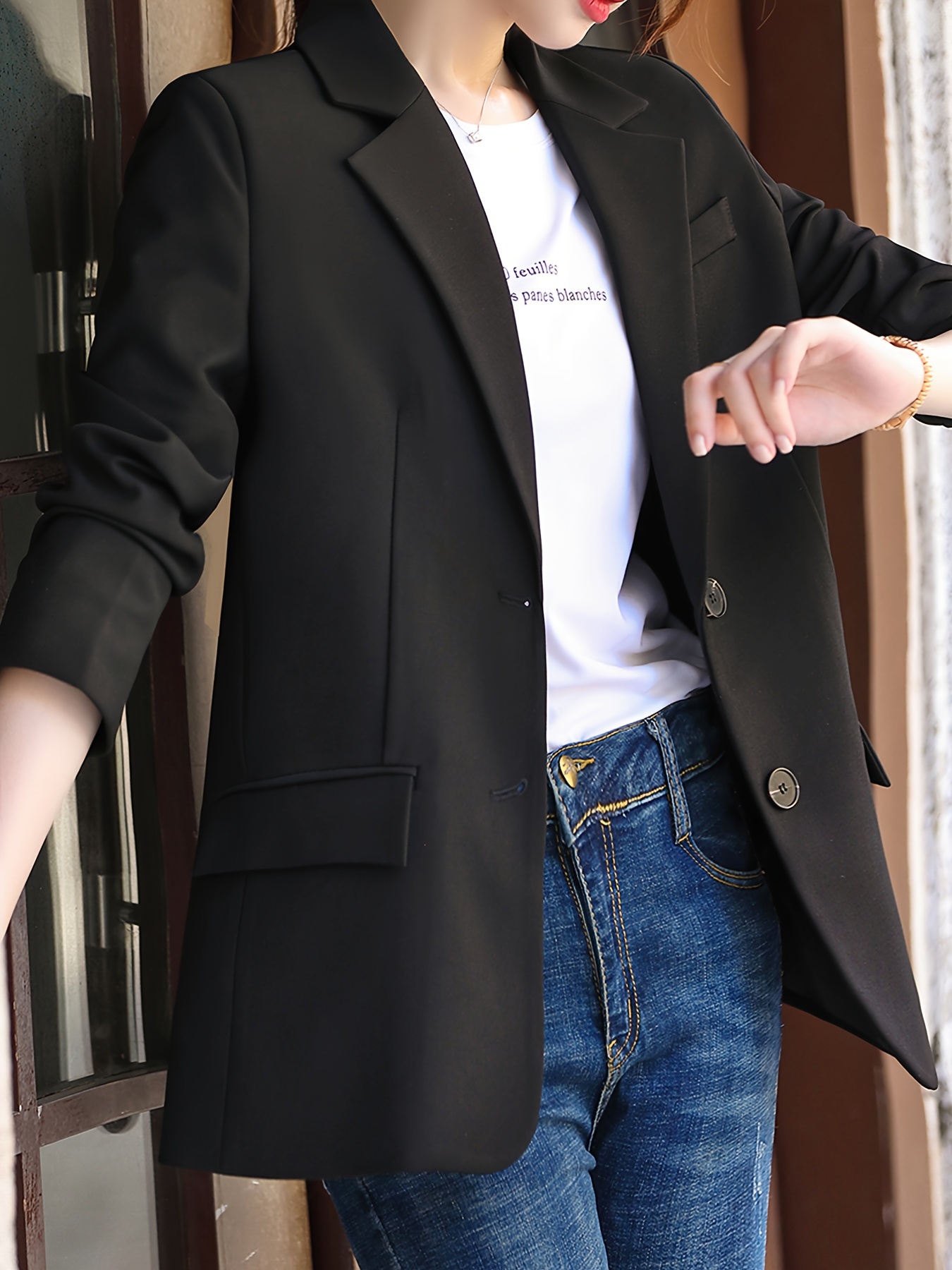Single Breasted Lapel Neck Blazer, Casual Solid Long Sleeve Blazer For Office & Work, Women s Clothing details 7