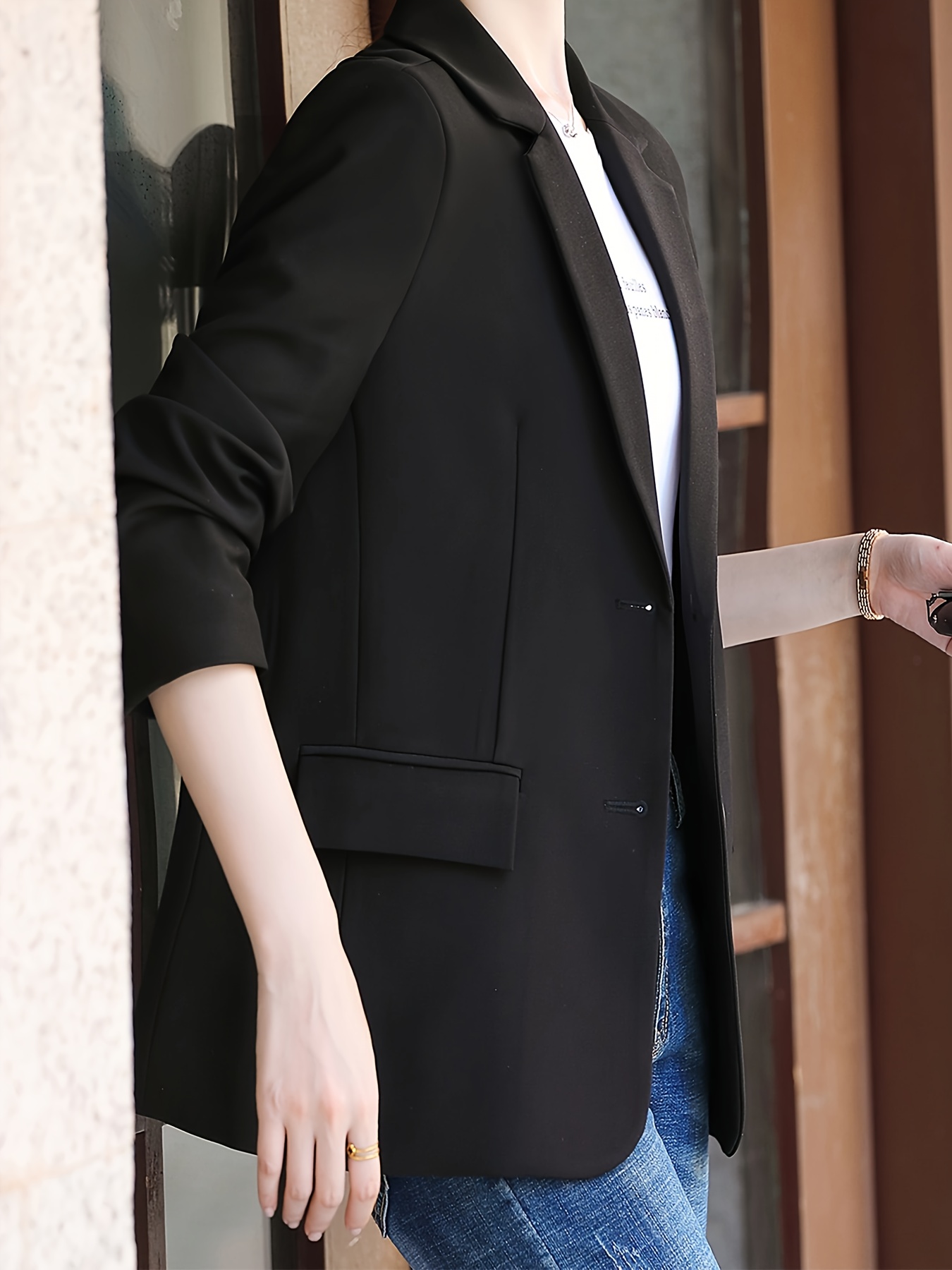 Single Breasted Lapel Neck Blazer, Casual Solid Long Sleeve Blazer For Office & Work, Women s Clothing details 8