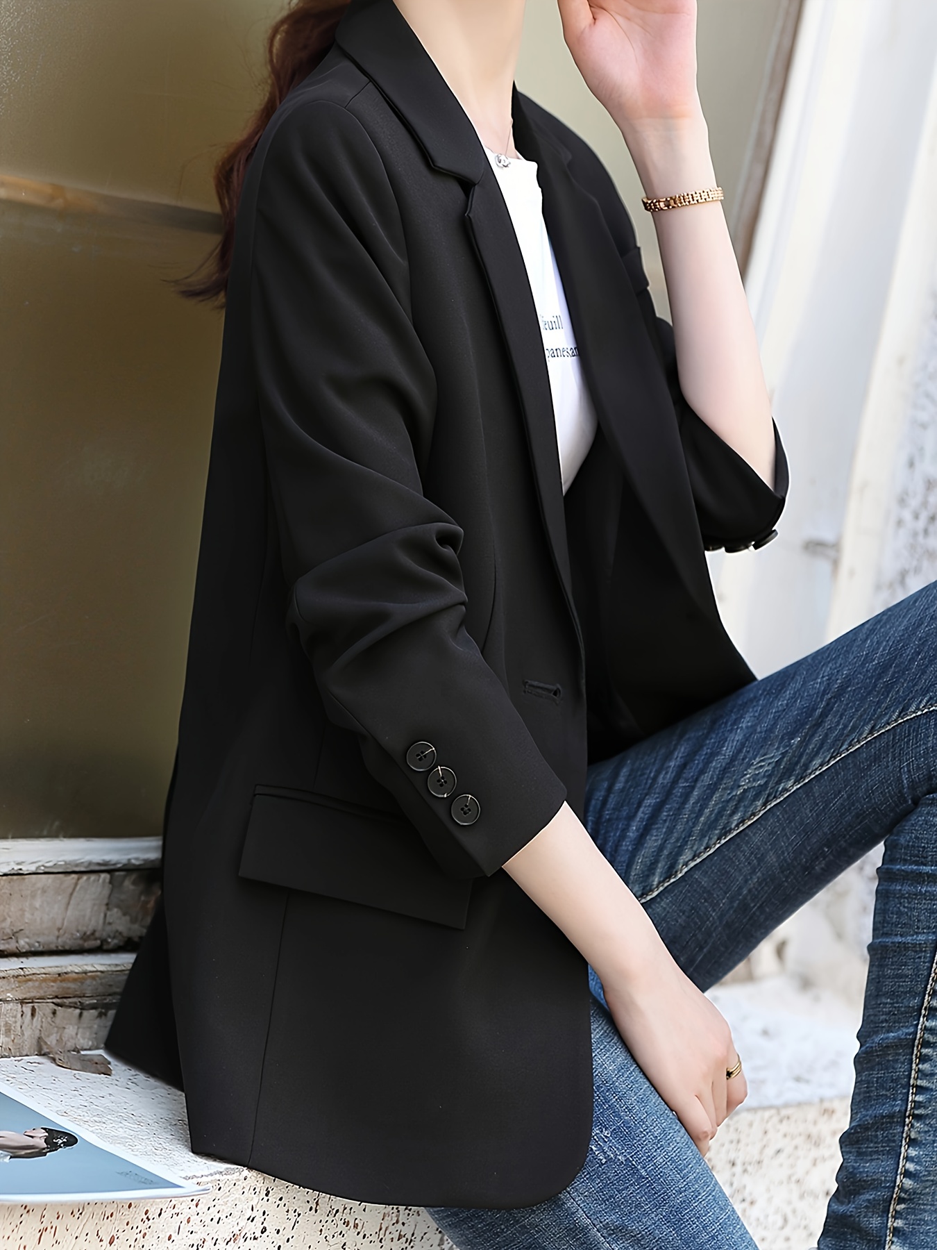 Single Breasted Lapel Neck Blazer, Casual Solid Long Sleeve Blazer For Office & Work, Women s Clothing details 9