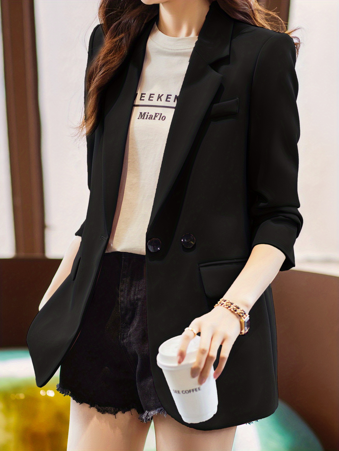 solid button front vent blazer stylish lapel long sleeve blazer for office work womens clothing details 1